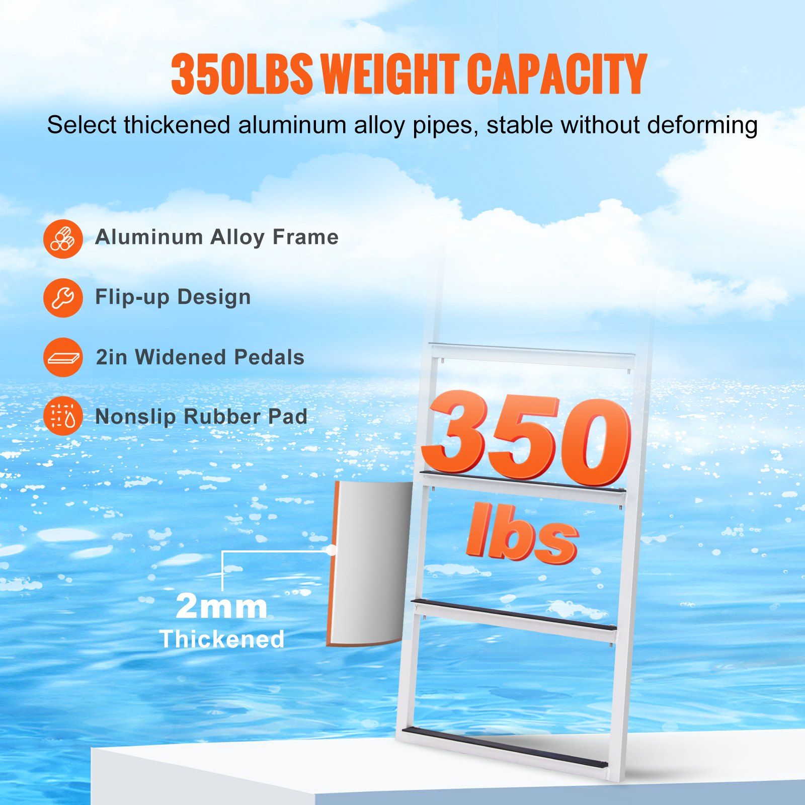 Dock Ladder, Flip-Up 5 Steps, 350 lbs Load Capacity, Aluminum Alloy Pontoon Boat Ladder with 2'' Wide Step & Nonslip Rubber Mat, Easy to Install for Ship/Lake/Pool/Marine Boarding - Image 4