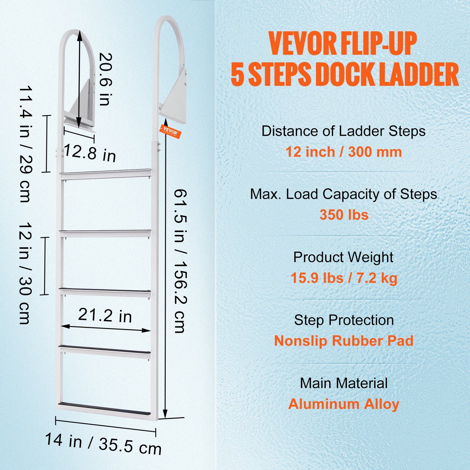Dock Ladder, Flip-Up 5 Steps, 350 lbs Load Capacity, Aluminum Alloy Pontoon Boat Ladder with 2'' Wide Step & Nonslip Rubber Mat, Easy to Install for Ship/Lake/Pool/Marine Boarding - Image 7