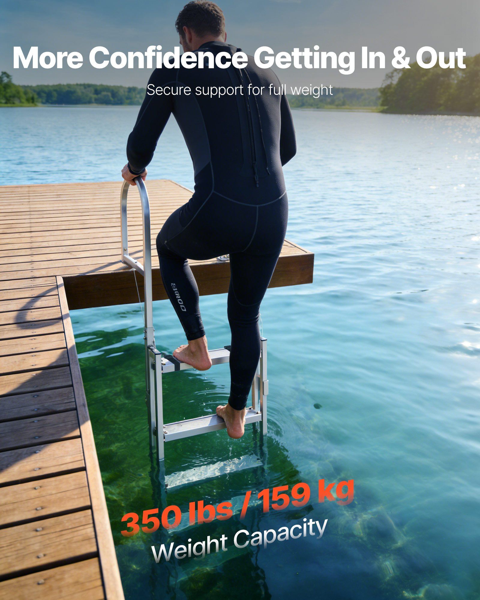 Retractable Dock Ladder, 5 Steps, Aluminum Alloy Pontoon Boat Swim Ladder, with Non-Slip Wide Steps, 159 kg Weight Capacity, Adjustable Height, for Lake Swimming, Pool, Boat, Marine Boarding - Image 2