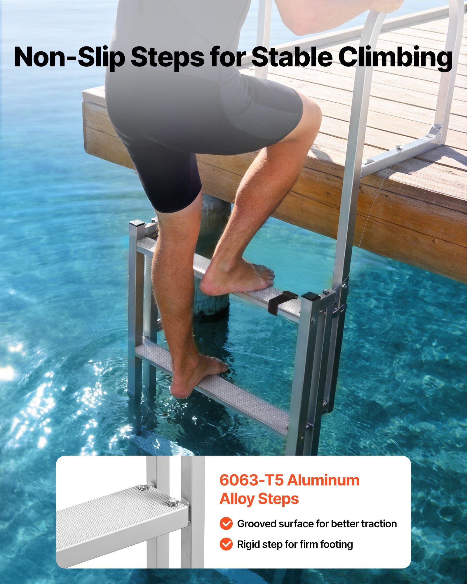 Retractable Dock Ladder, 5 Steps, Aluminum Alloy Pontoon Boat Swim Ladder, with Non-Slip Wide Steps, 159 kg Weight Capacity, Adjustable Height, for Lake Swimming, Pool, Boat, Marine Boarding - Image 3
