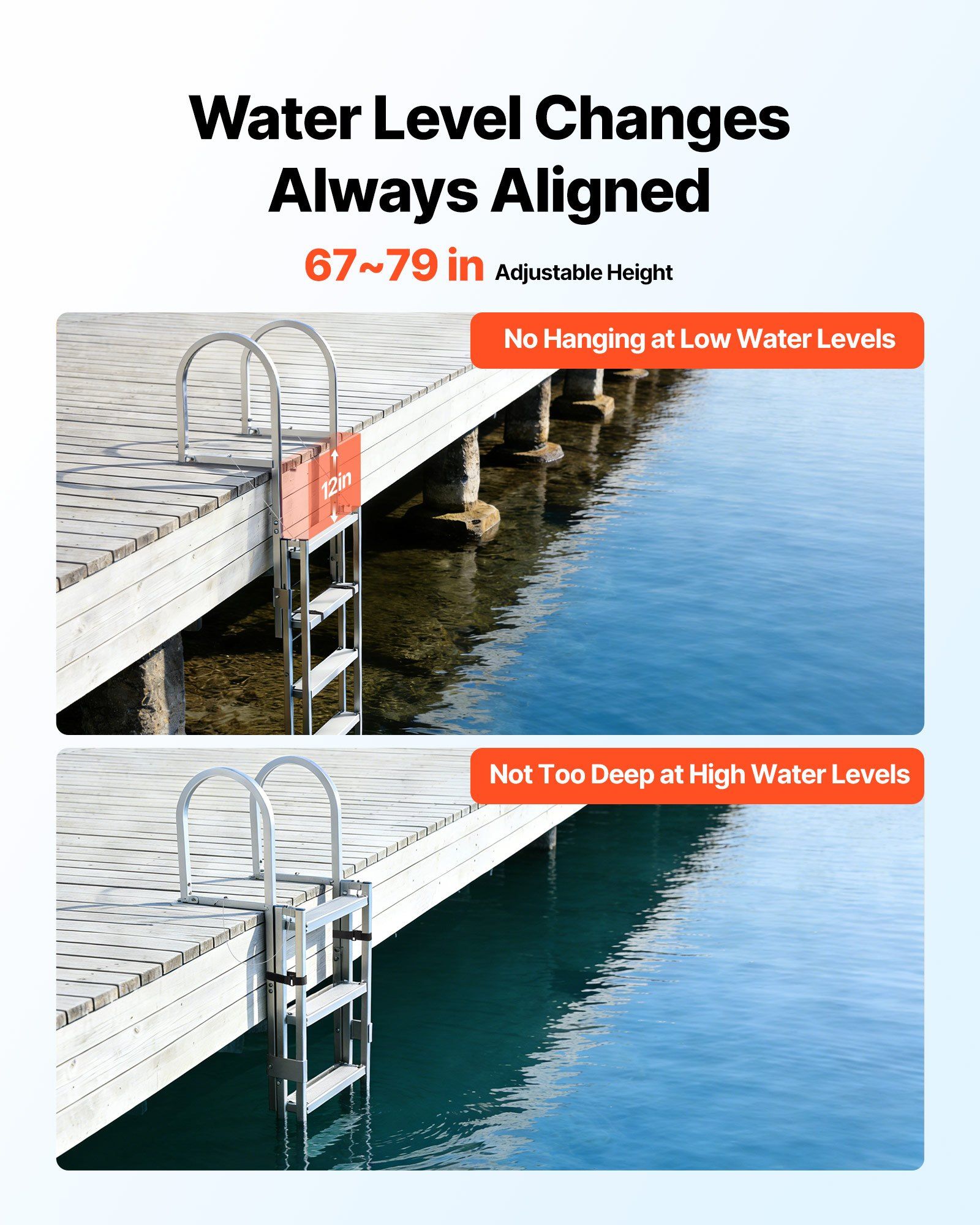Retractable Dock Ladder, 5 Steps, Aluminum Alloy Pontoon Boat Swim Ladder, with Non-Slip Wide Steps, 159 kg Weight Capacity, Adjustable Height, for Lake Swimming, Pool, Boat, Marine Boarding - Image 4
