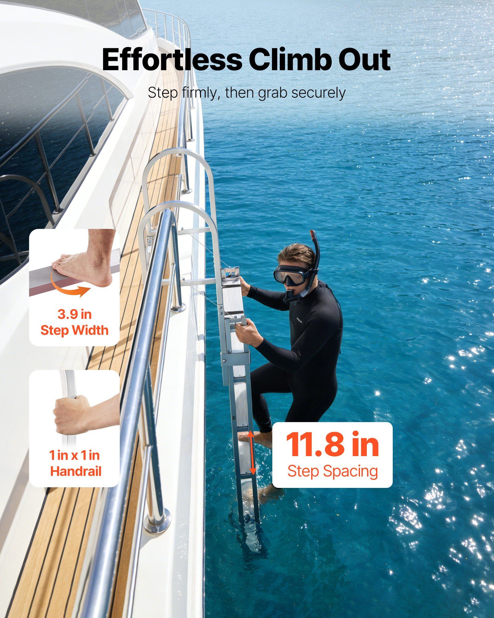 Retractable Dock Ladder, 5 Steps, Aluminum Alloy Pontoon Boat Swim Ladder, with Non-Slip Wide Steps, 159 kg Weight Capacity, Adjustable Height, for Lake Swimming, Pool, Boat, Marine Boarding - Image 5