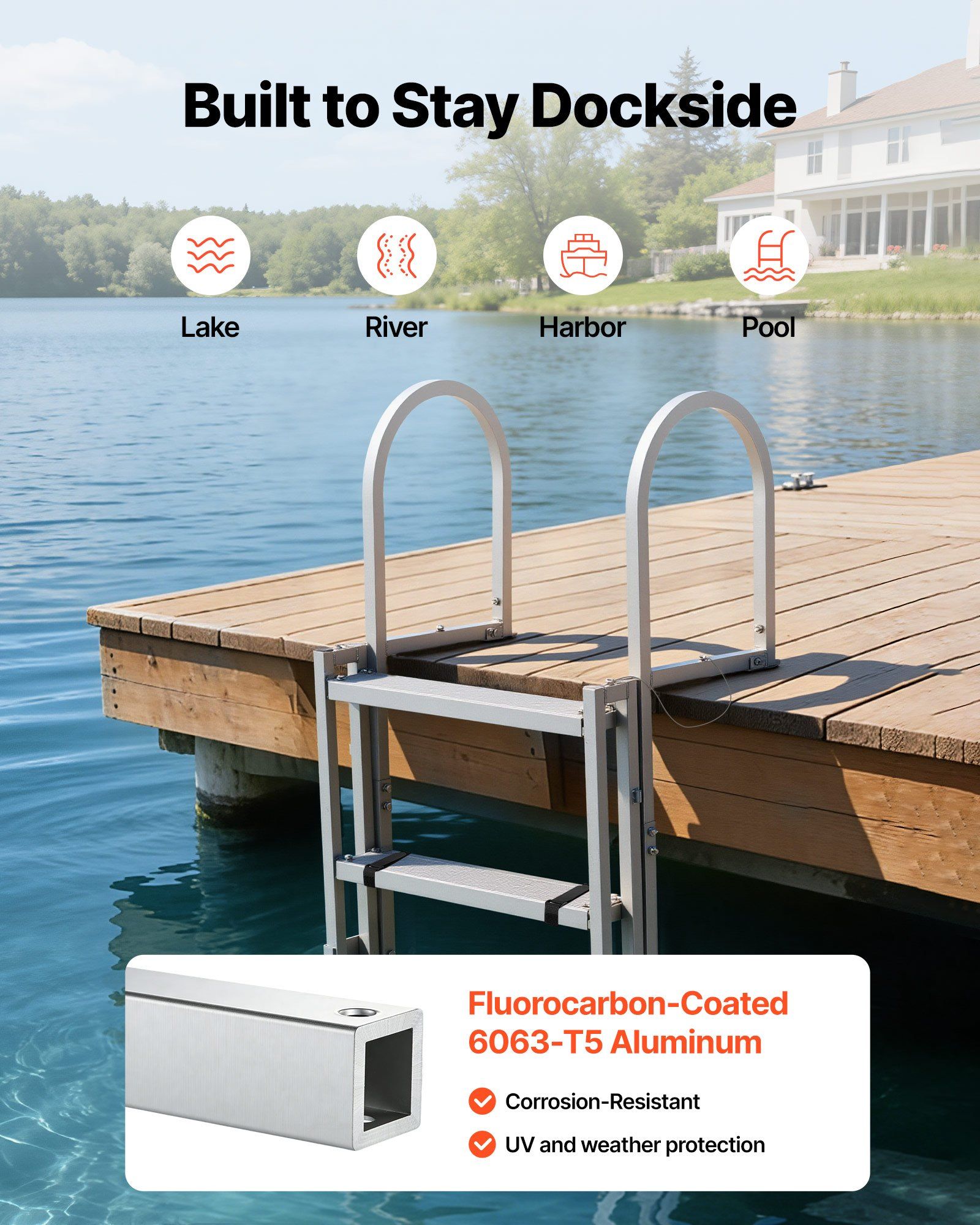 Retractable Dock Ladder, 5 Steps, Aluminum Alloy Pontoon Boat Swim Ladder, with Non-Slip Wide Steps, 159 kg Weight Capacity, Adjustable Height, for Lake Swimming, Pool, Boat, Marine Boarding - Image 6