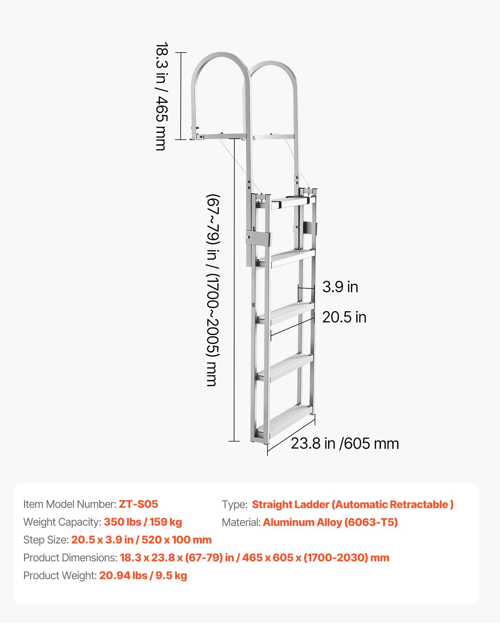 Retractable Dock Ladder, 5 Steps, Aluminum Alloy Pontoon Boat Swim Ladder, with Non-Slip Wide Steps, 159 kg Weight Capacity, Adjustable Height, for Lake Swimming, Pool, Boat, Marine Boarding - Image 7