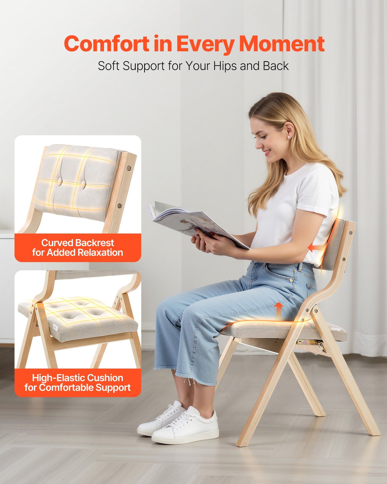 Wooden Folding Chairs with Cushion, Set of 2, Portable Foldable Cushion Chair with Wooden Frame, Modern Padded Dining Chair for Kitchen, Office, Wedding, Party, Dining Room, Easy Assembly, Beige - Image 3