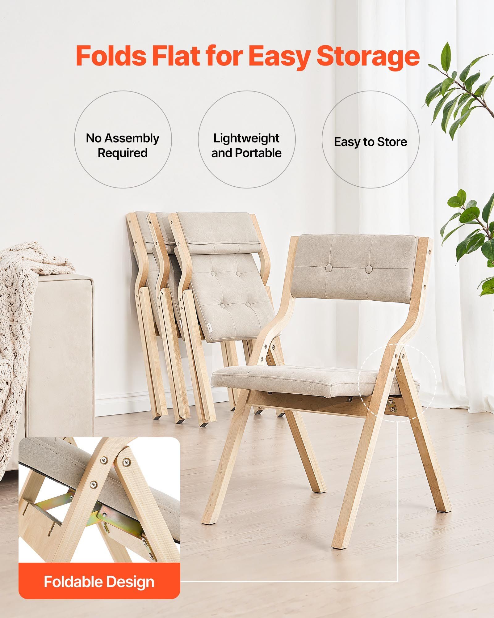Wooden Folding Chairs with Cushion, Set of 2, Portable Foldable Cushion Chair with Wooden Frame, Modern Padded Dining Chair for Kitchen, Office, Wedding, Party, Dining Room, Easy Assembly, Beige - Image 4