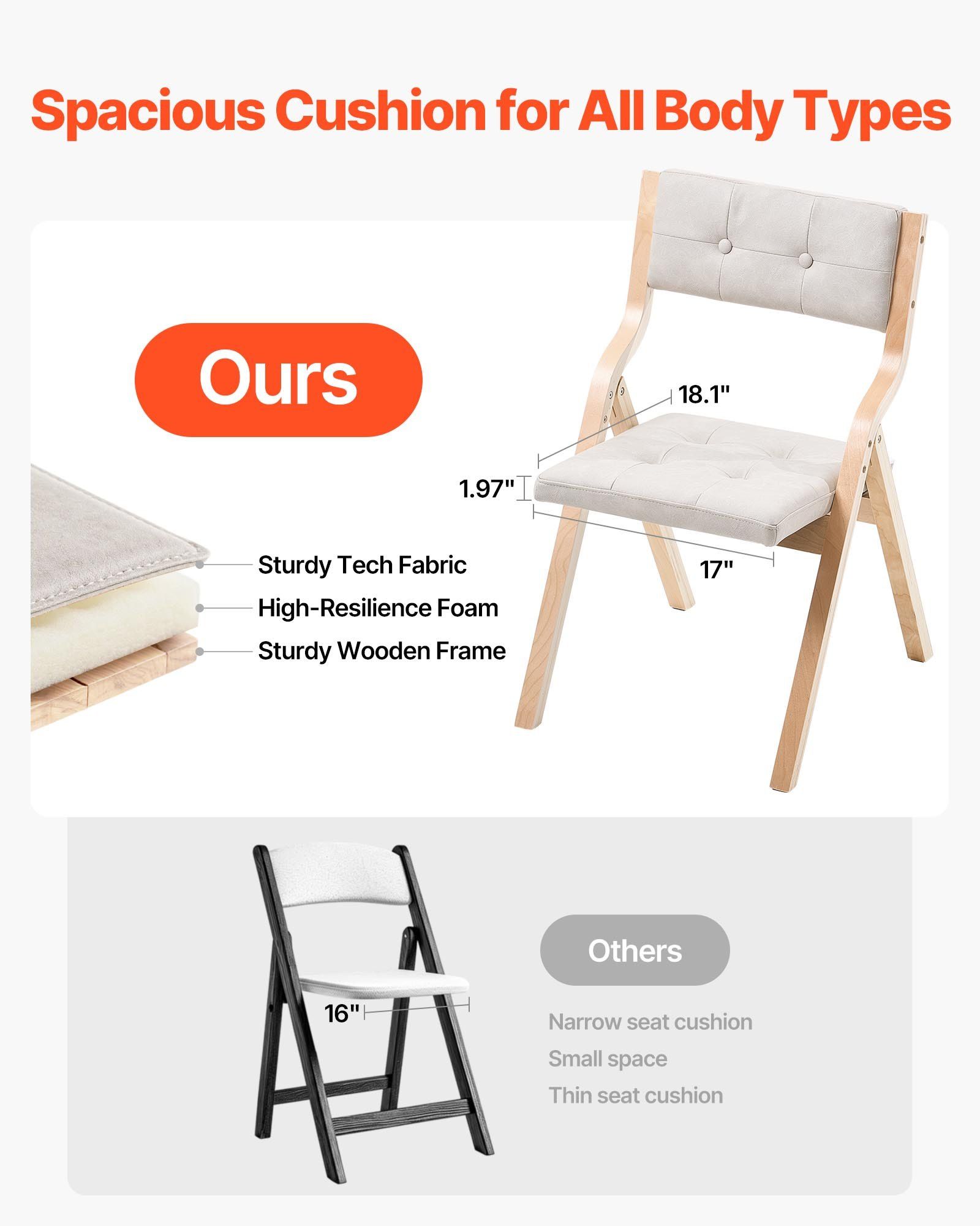 Wooden Folding Chairs with Cushion, Set of 2, Portable Foldable Cushion Chair with Wooden Frame, Modern Padded Dining Chair for Kitchen, Office, Wedding, Party, Dining Room, Easy Assembly, Beige - Image 5