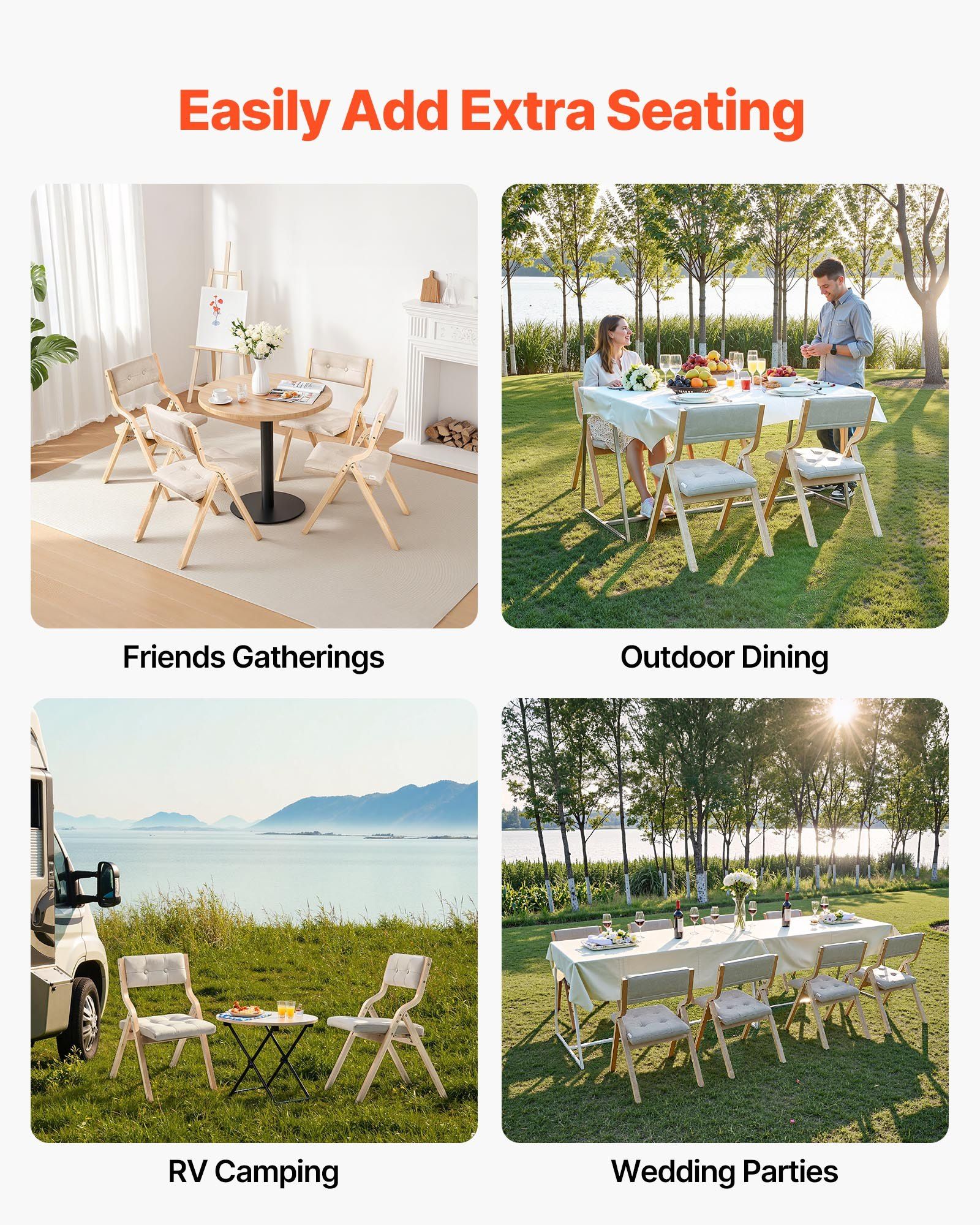 Wooden Folding Chairs with Cushion, Set of 2, Portable Foldable Cushion Chair with Wooden Frame, Modern Padded Dining Chair for Kitchen, Office, Wedding, Party, Dining Room, Easy Assembly, Beige - Image 6
