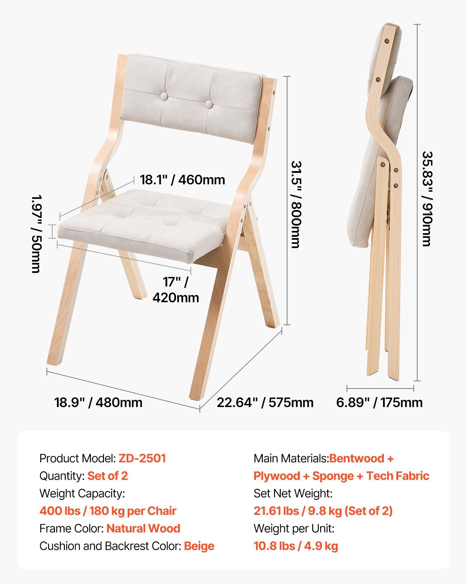 Wooden Folding Chairs with Cushion, Set of 2, Portable Foldable Cushion Chair with Wooden Frame, Modern Padded Dining Chair for Kitchen, Office, Wedding, Party, Dining Room, Easy Assembly, Beige - Image 7
