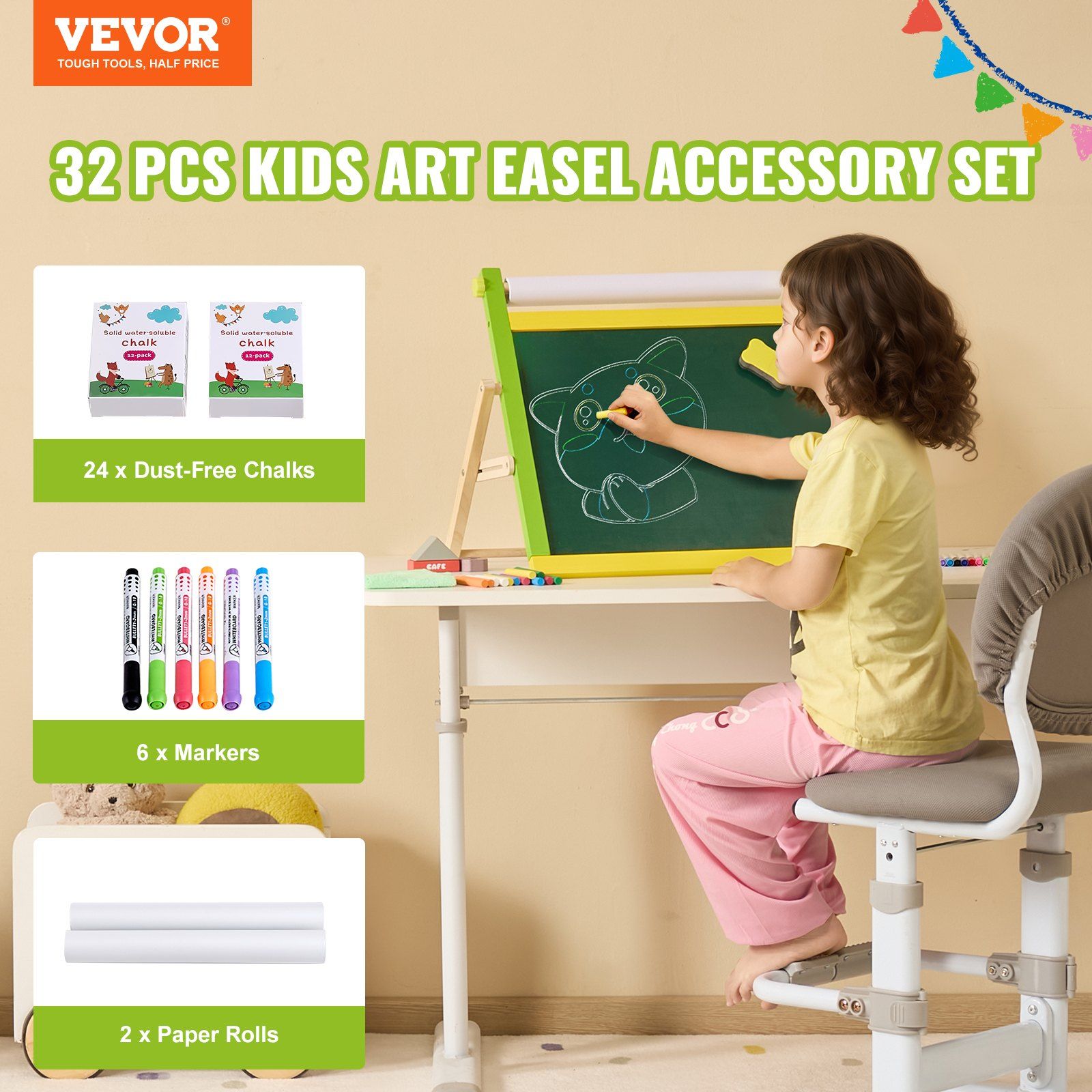 Easel Accessory Set, 32 PCS Kid's Art Easel Painting Kit Including Chalks, Dry-Erase Markers & Paper Rolls, Supplies Set for Tabletop Art Easel, Painting Accessories for Toddlers Boys and Girls - Image 2
