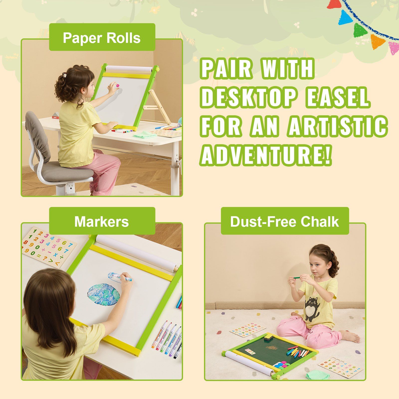 Easel Accessory Set, 32 PCS Kid's Art Easel Painting Kit Including Chalks, Dry-Erase Markers & Paper Rolls, Supplies Set for Tabletop Art Easel, Painting Accessories for Toddlers Boys and Girls - Image 6