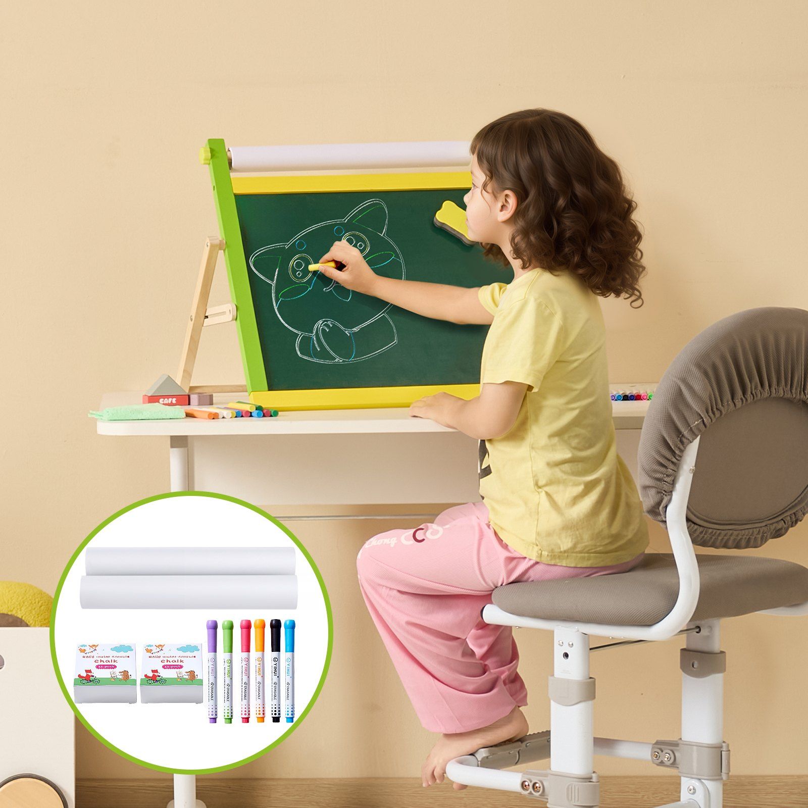 Easel Accessory Set, 32 PCS Kid's Art Easel Painting Kit Including Chalks, Dry-Erase Markers & Paper Rolls, Supplies Set for Tabletop Art Easel, Painting Accessories for Toddlers Boys and Girls - Image 8