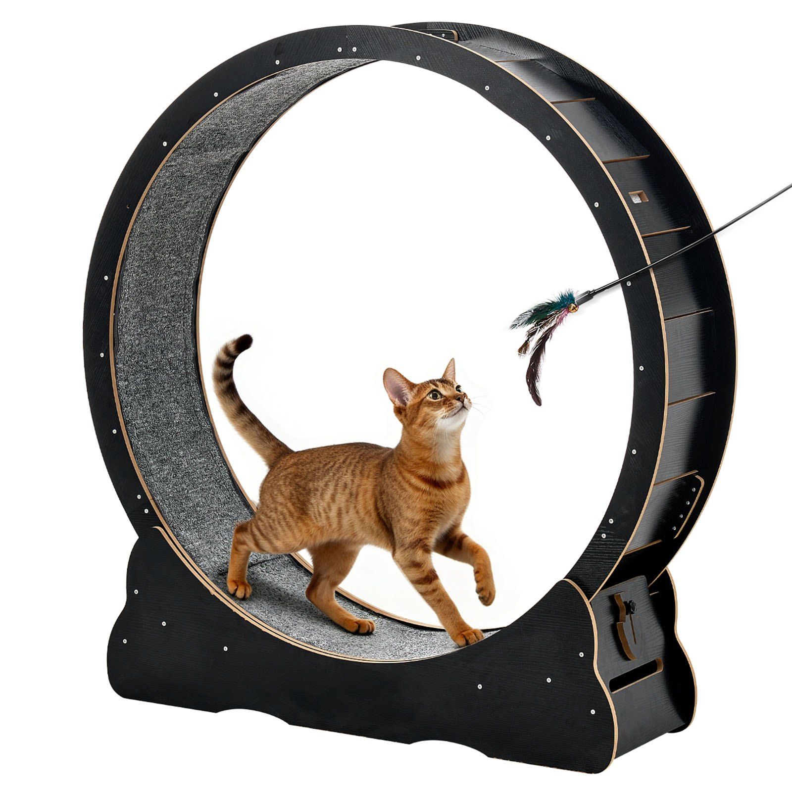 Cat Exercise Wheel, 120 cm Wooden Cat Running Wheel for Indoor Cats up to 12.7 kg, Cats Treadmill with Carpeted Runway & Locking Mechanism, Quiet Kitten Sport Toys for Pets Fitness, Black - Image 1