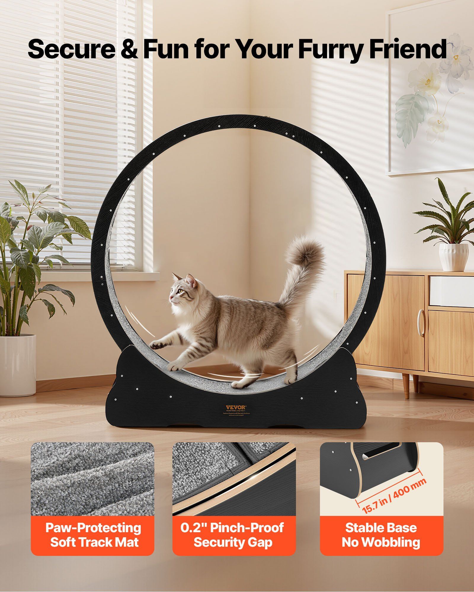Cat Exercise Wheel, 120 cm Wooden Cat Running Wheel for Indoor Cats up to 12.7 kg, Cats Treadmill with Carpeted Runway & Locking Mechanism, Quiet Kitten Sport Toys for Pets Fitness, Black - Image 3
