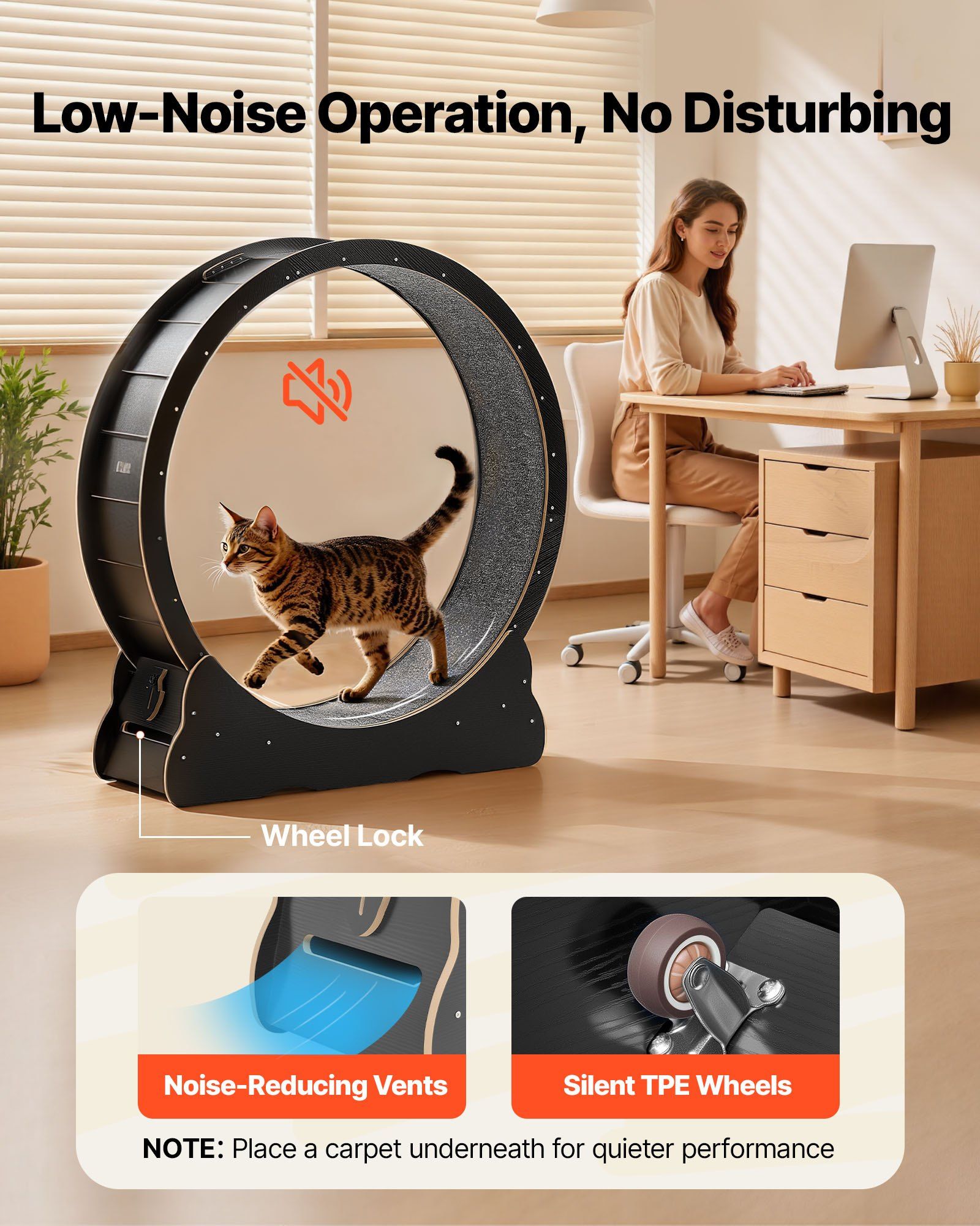 Cat Exercise Wheel, 120 cm Wooden Cat Running Wheel for Indoor Cats up to 12.7 kg, Cats Treadmill with Carpeted Runway & Locking Mechanism, Quiet Kitten Sport Toys for Pets Fitness, Black - Image 4