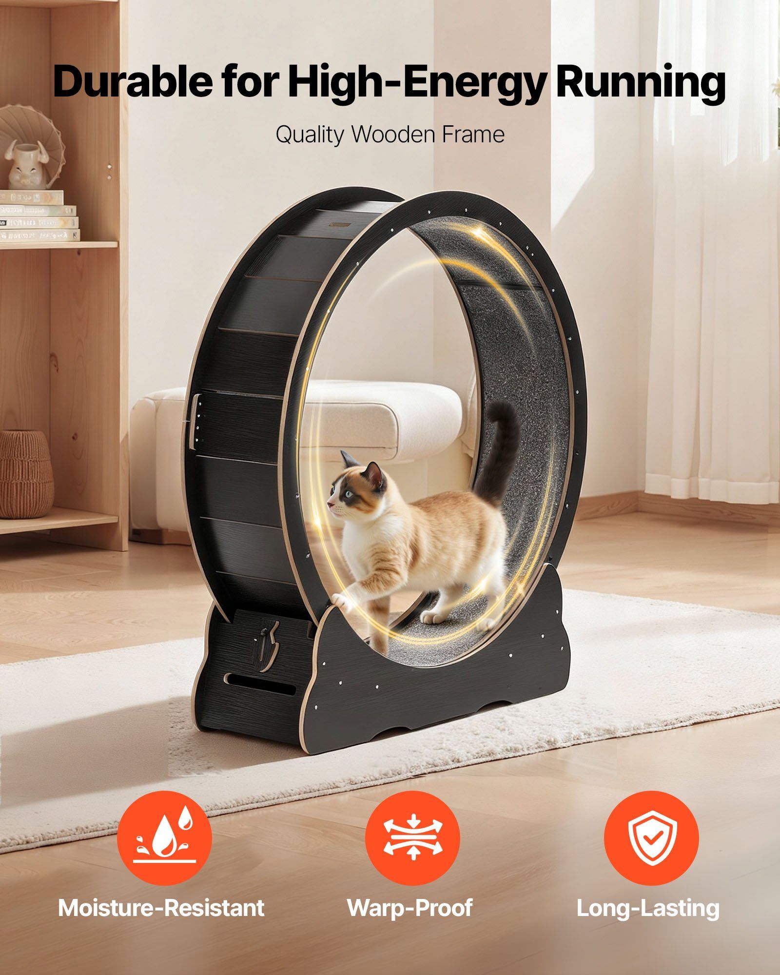 Cat Exercise Wheel, 120 cm Wooden Cat Running Wheel for Indoor Cats up to 12.7 kg, Cats Treadmill with Carpeted Runway & Locking Mechanism, Quiet Kitten Sport Toys for Pets Fitness, Black - Image 6