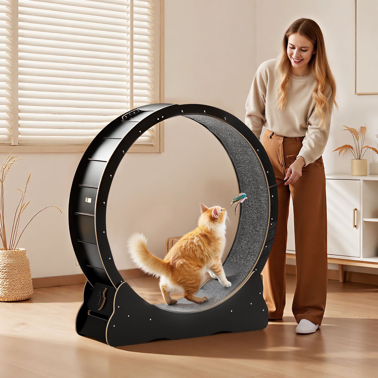 Cat Exercise Wheel, 120 cm Wooden Cat Running Wheel for Indoor Cats up to 12.7 kg, Cats Treadmill with Carpeted Runway & Locking Mechanism, Quiet Kitten Sport Toys for Pets Fitness, Black - Image 8