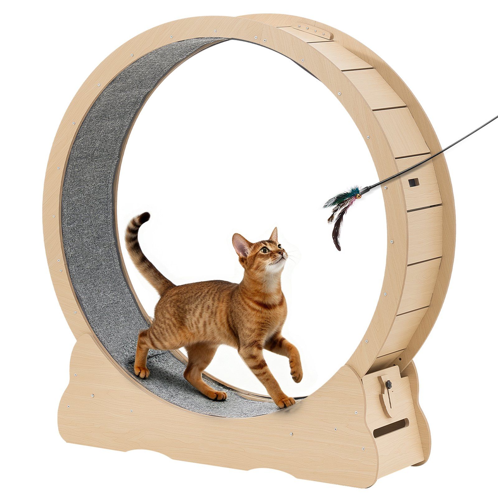 Cat Exercise Wheel, 120cm Wooden Cat Running Wheel for Indoor Cats up to 12.7kg Cats Treadmill with Carpeted Runway & Locking Mechanism, Quiet Roller Kitten Sport Toys for Pets Fitness & Health - Image 1