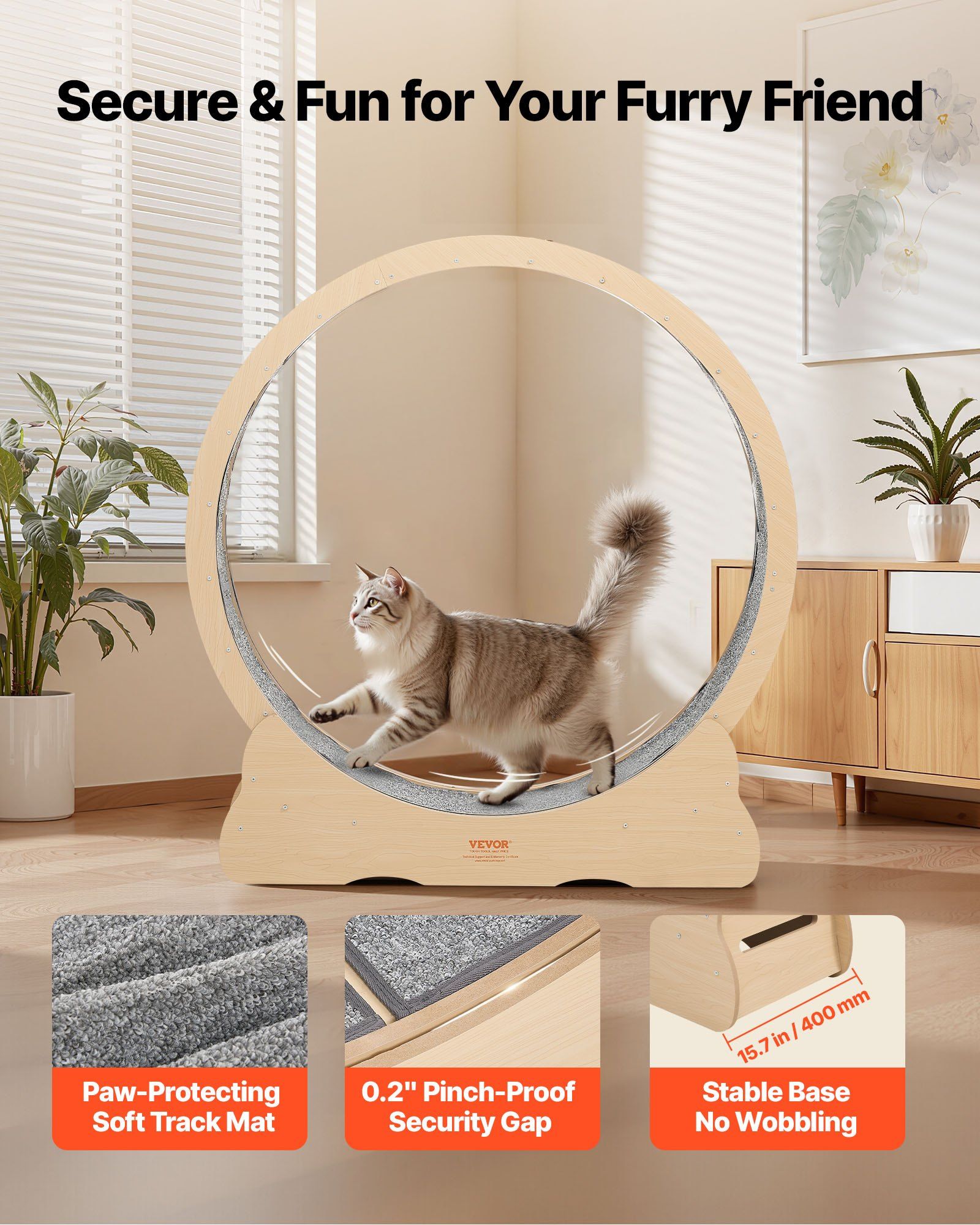 Cat Exercise Wheel, 120cm Wooden Cat Running Wheel for Indoor Cats up to 12.7kg Cats Treadmill with Carpeted Runway & Locking Mechanism, Quiet Roller Kitten Sport Toys for Pets Fitness & Health - Image 3