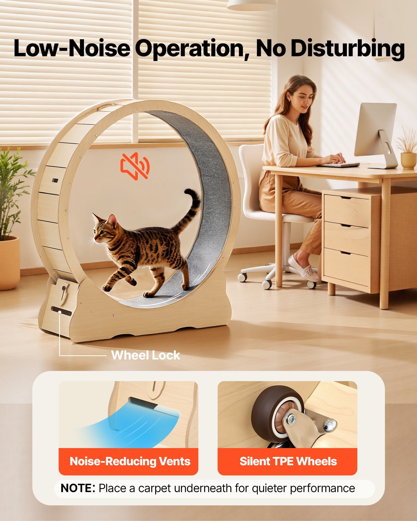 Cat Exercise Wheel, 120cm Wooden Cat Running Wheel for Indoor Cats up to 12.7kg Cats Treadmill with Carpeted Runway & Locking Mechanism, Quiet Roller Kitten Sport Toys for Pets Fitness & Health - Image 4