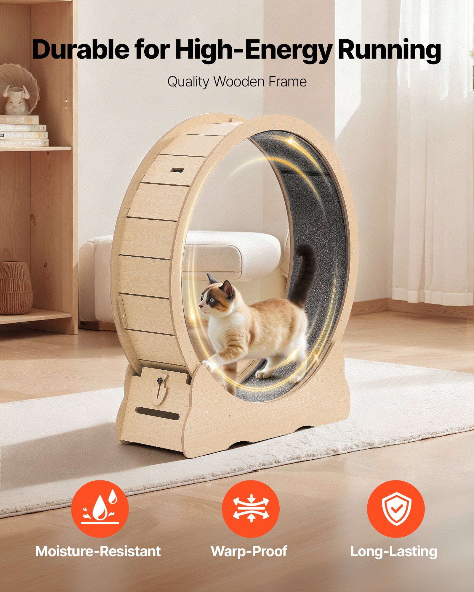 Cat Exercise Wheel, 120cm Wooden Cat Running Wheel for Indoor Cats up to 12.7kg Cats Treadmill with Carpeted Runway & Locking Mechanism, Quiet Roller Kitten Sport Toys for Pets Fitness & Health - Image 6
