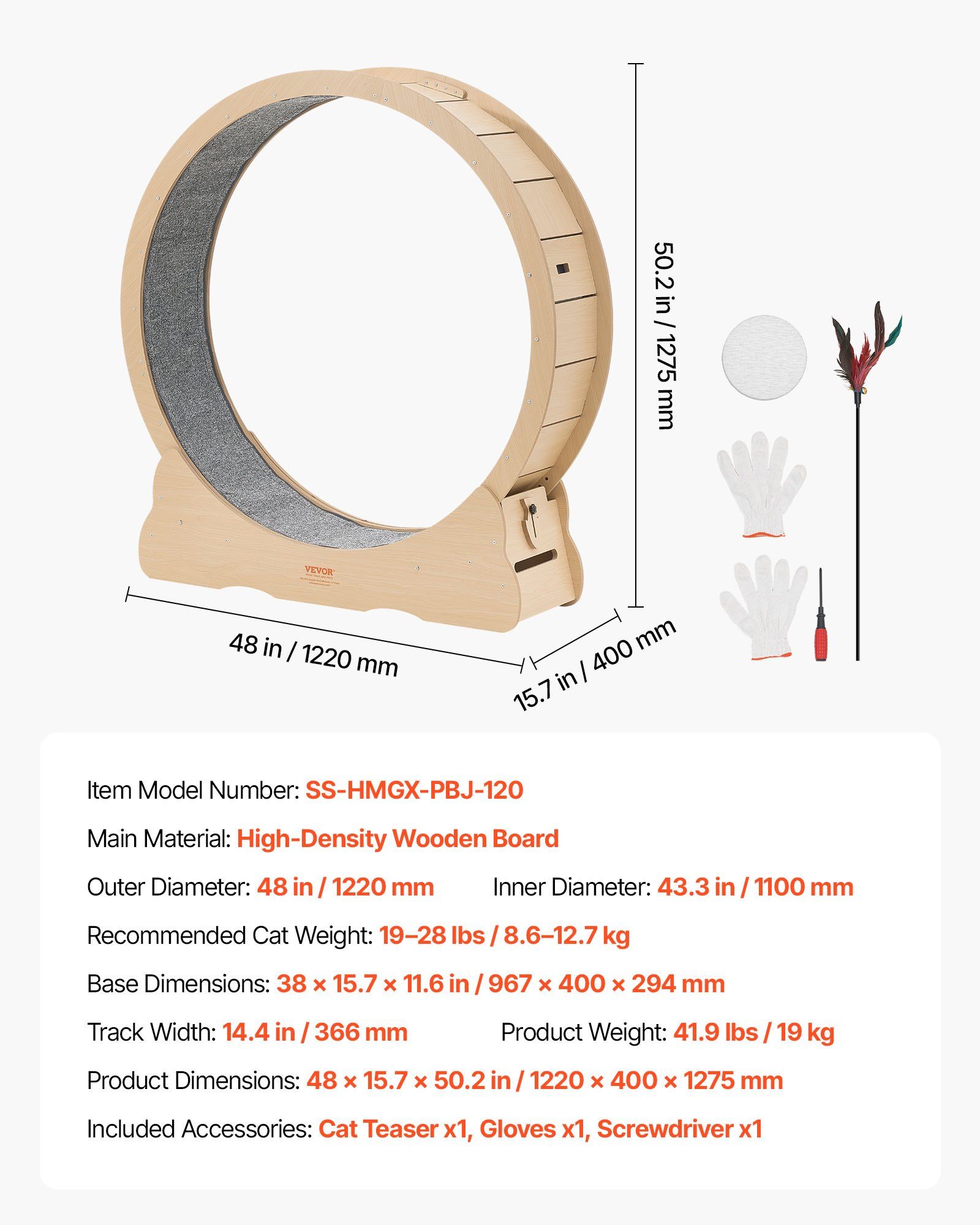 Cat Exercise Wheel, 120cm Wooden Cat Running Wheel for Indoor Cats up to 12.7kg Cats Treadmill with Carpeted Runway & Locking Mechanism, Quiet Roller Kitten Sport Toys for Pets Fitness & Health - Image 7