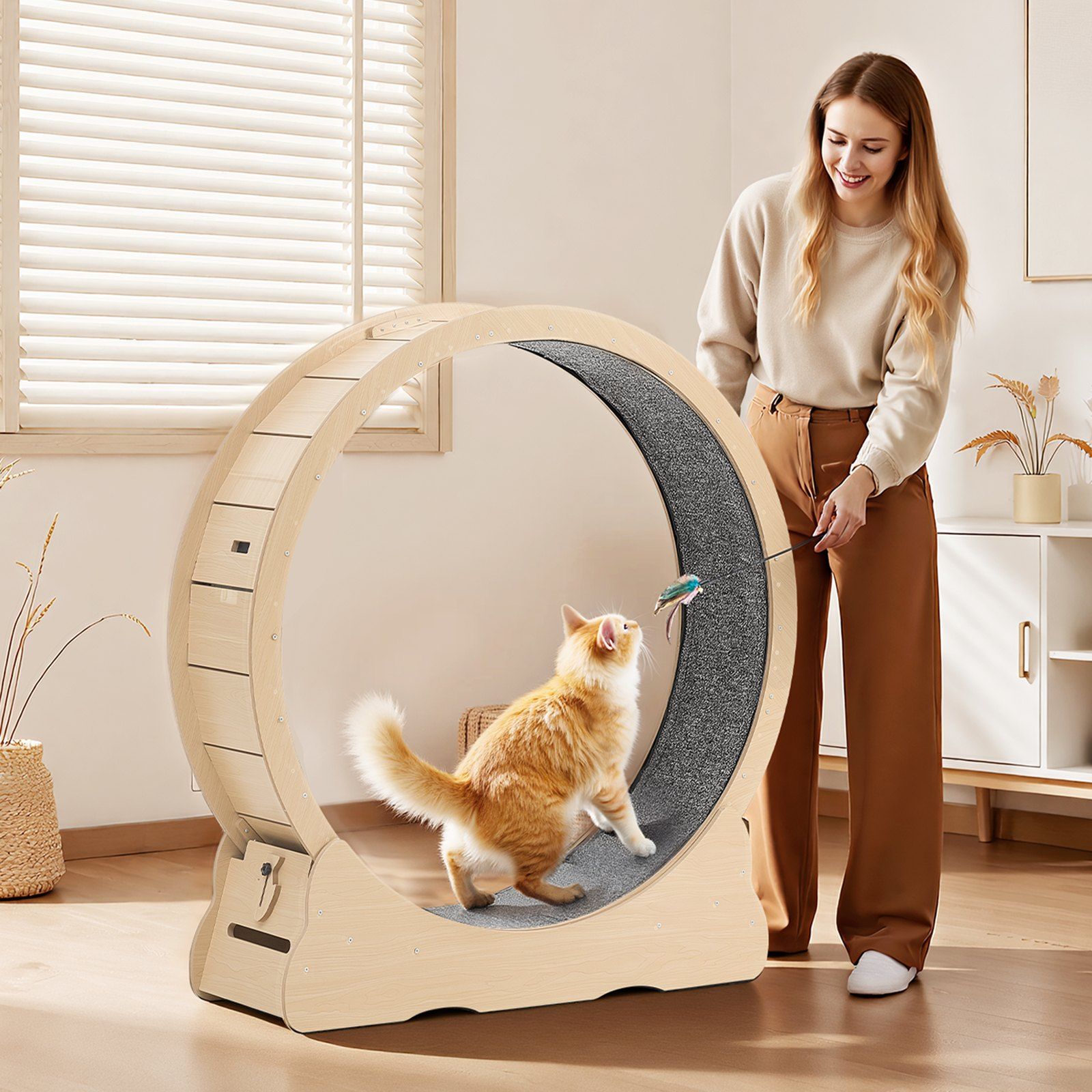 Cat Exercise Wheel, 120cm Wooden Cat Running Wheel for Indoor Cats up to 12.7kg Cats Treadmill with Carpeted Runway & Locking Mechanism, Quiet Roller Kitten Sport Toys for Pets Fitness & Health - Image 8