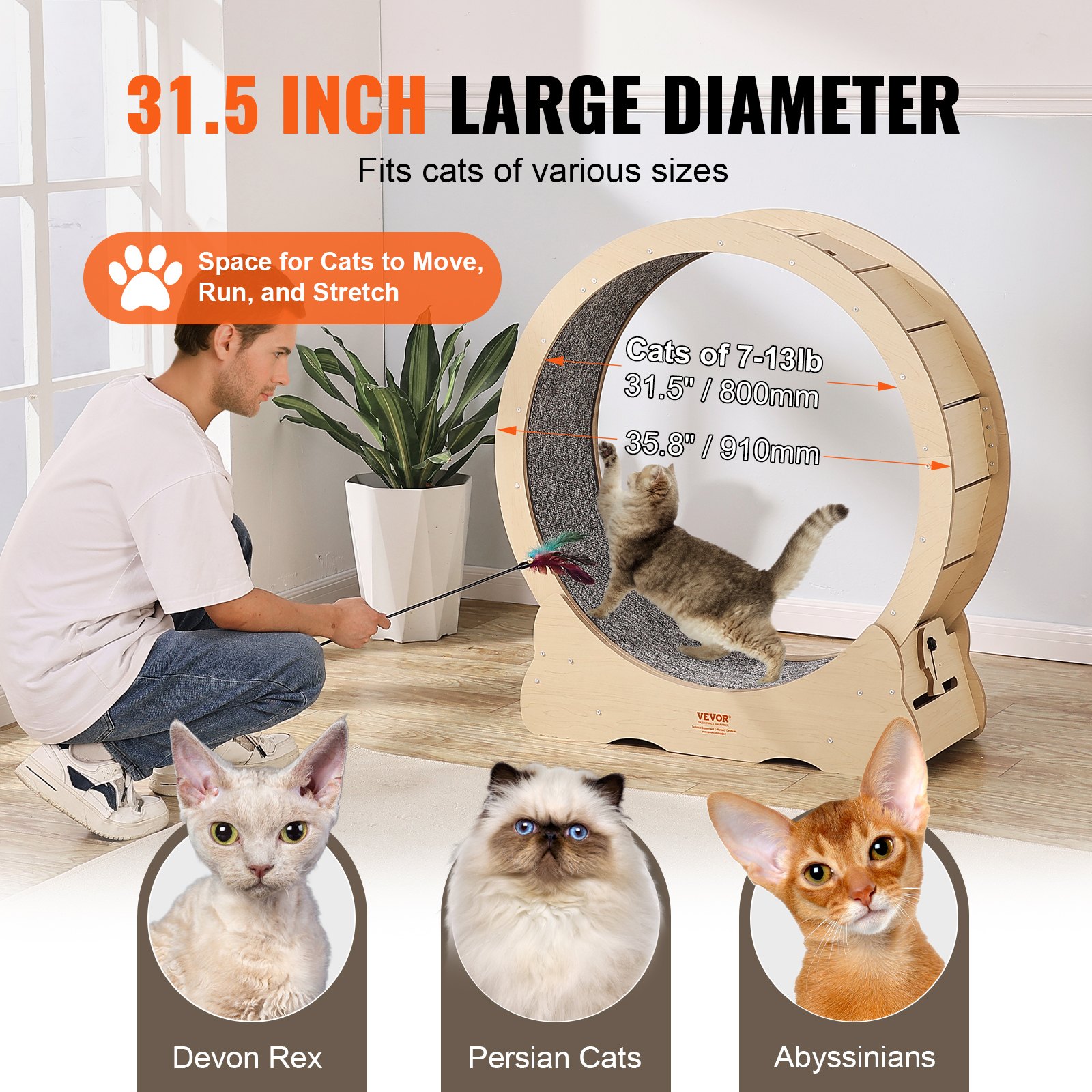 Cat Exercise Wheel, Large Cat Treadmill Wheel for Indoor Cats, 35.8 inch Cat Running Wheel with Detachable Carpet and Cat Teaser for Running/Walking/Training, Suitable for Most Cats - Image 4