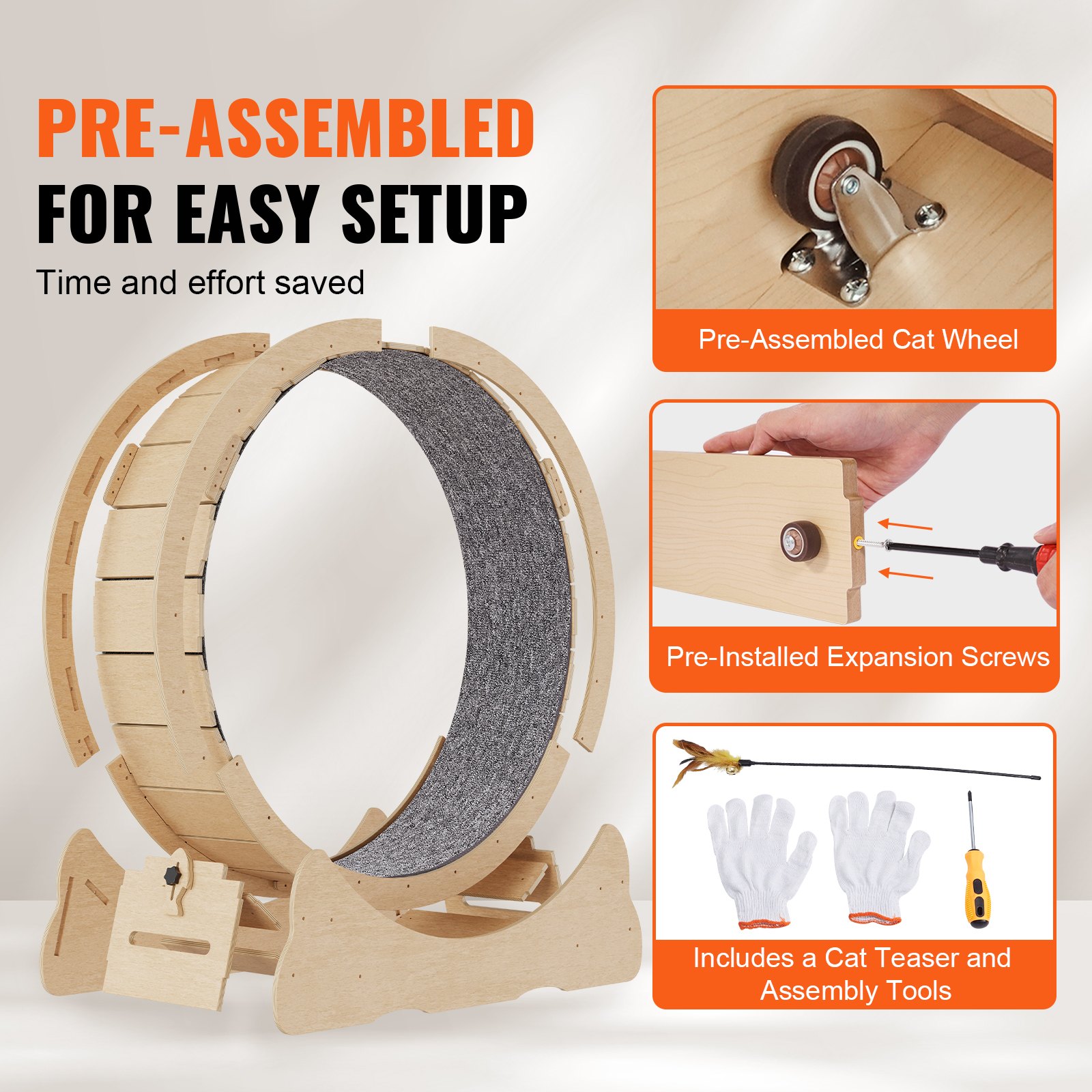 Cat Exercise Wheel, Large Cat Treadmill Wheel for Indoor Cats, 35.8 inch Cat Running Wheel with Detachable Carpet and Cat Teaser for Running/Walking/Training, Suitable for Most Cats - Image 5