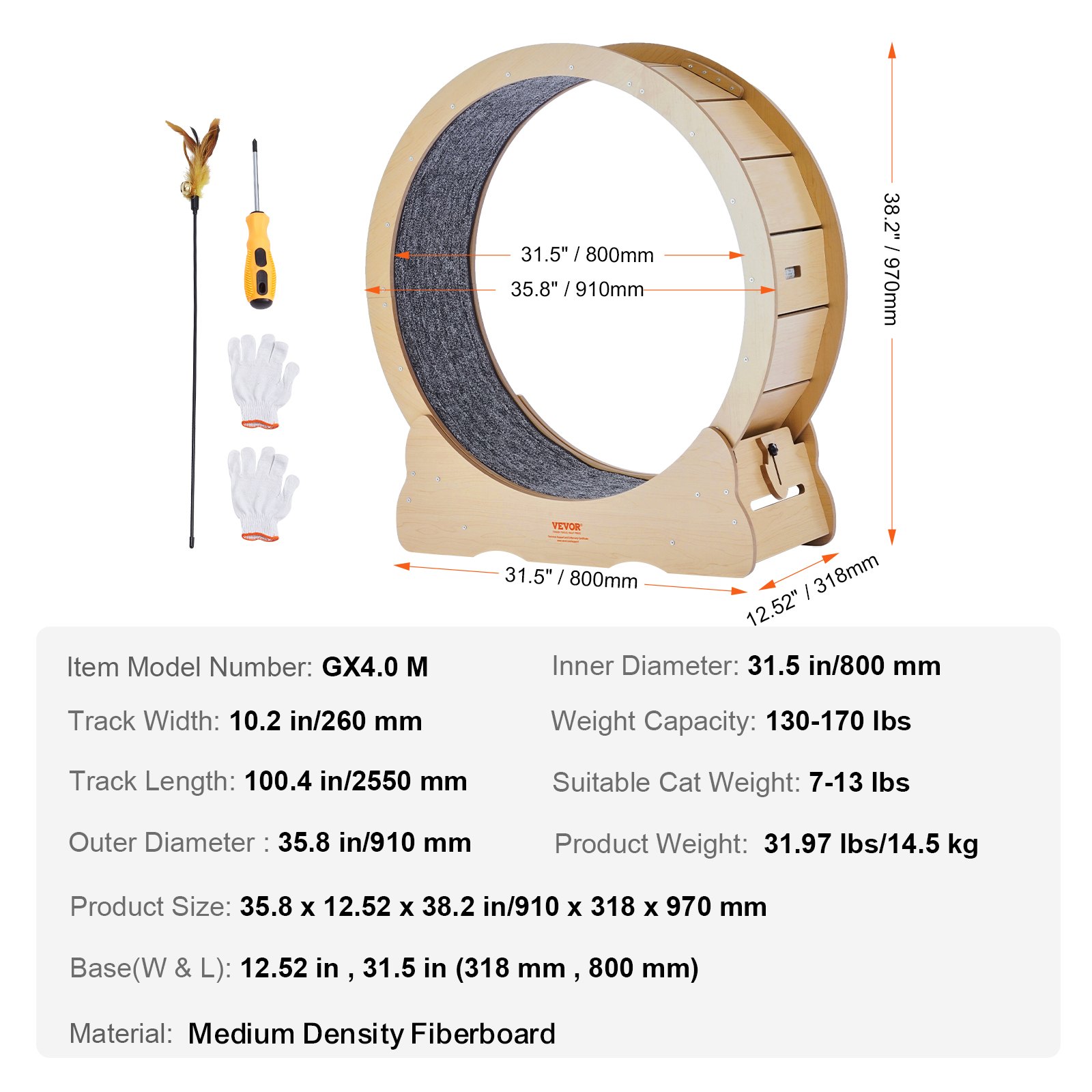 Cat Exercise Wheel, Large Cat Treadmill Wheel for Indoor Cats, 35.8 inch Cat Running Wheel with Detachable Carpet and Cat Teaser for Running/Walking/Training, Suitable for Most Cats - Image 7