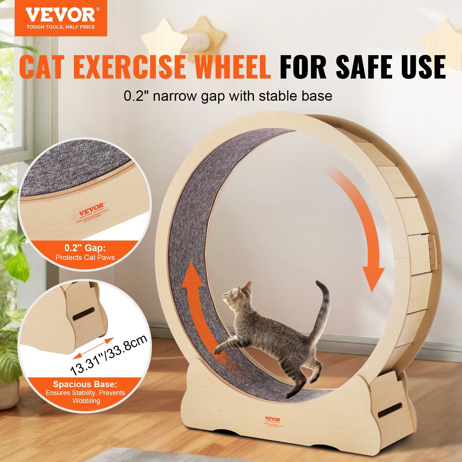 Wooden Cat Exercise Wheel, 1320mm Large Cat Treadmill Wheel for Indoor Cats, Cat Running Wheel with Detachable Carpet & Cat Teaser for Running/Walking/Training, Suitable for Most Cats - Image 2