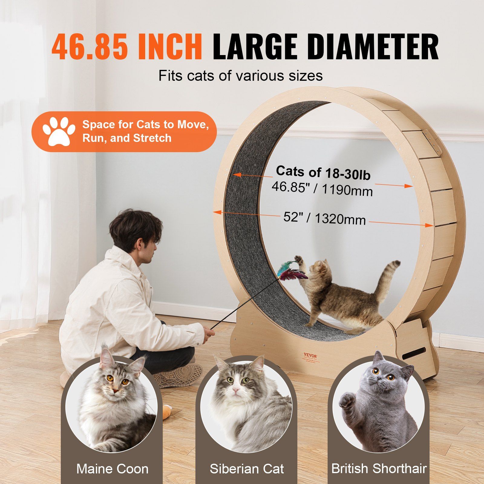 Wooden Cat Exercise Wheel, 1320mm Large Cat Treadmill Wheel for Indoor Cats, Cat Running Wheel with Detachable Carpet & Cat Teaser for Running/Walking/Training, Suitable for Most Cats - Image 4