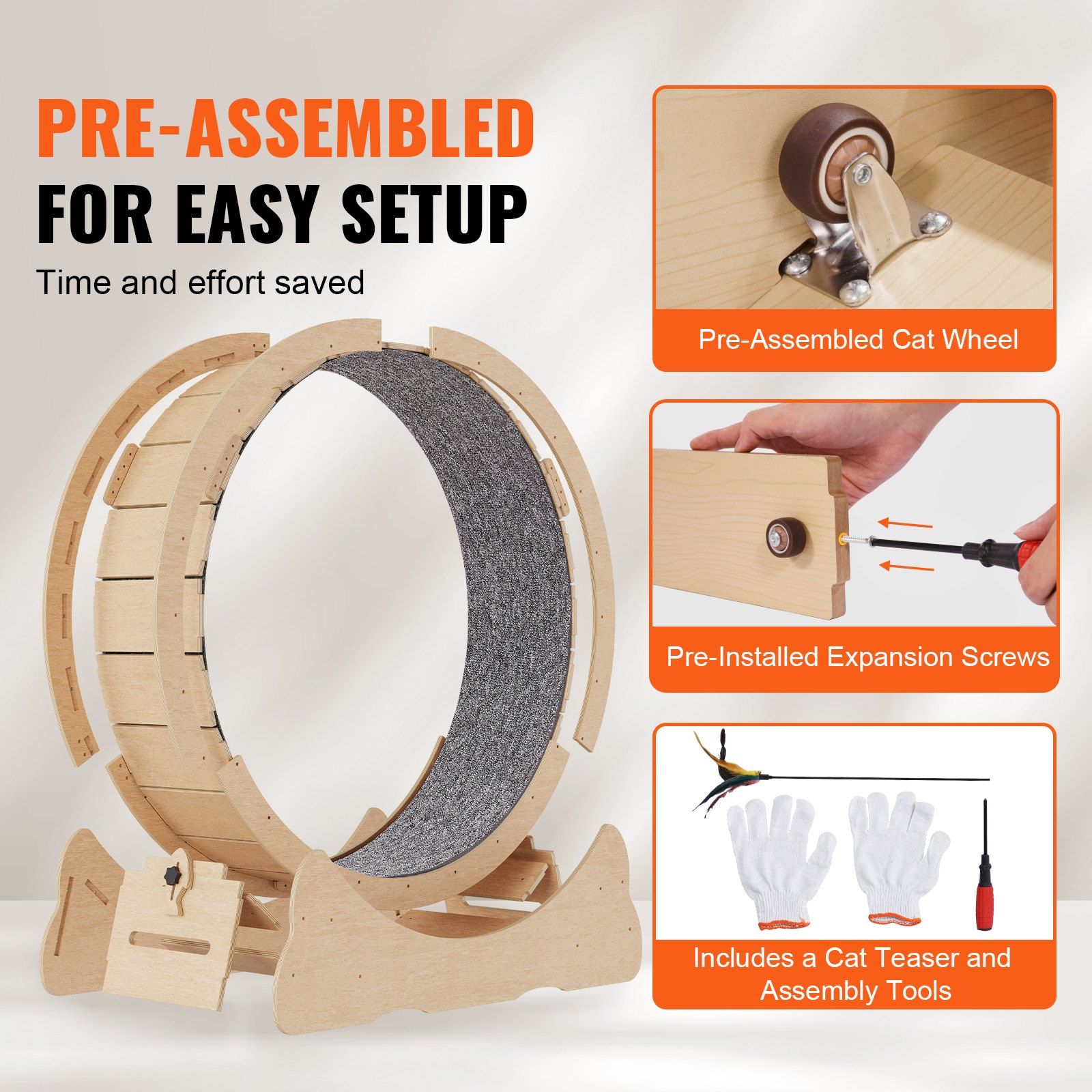 Wooden Cat Exercise Wheel, 1320mm Large Cat Treadmill Wheel for Indoor Cats, Cat Running Wheel with Detachable Carpet & Cat Teaser for Running/Walking/Training, Suitable for Most Cats - Image 5