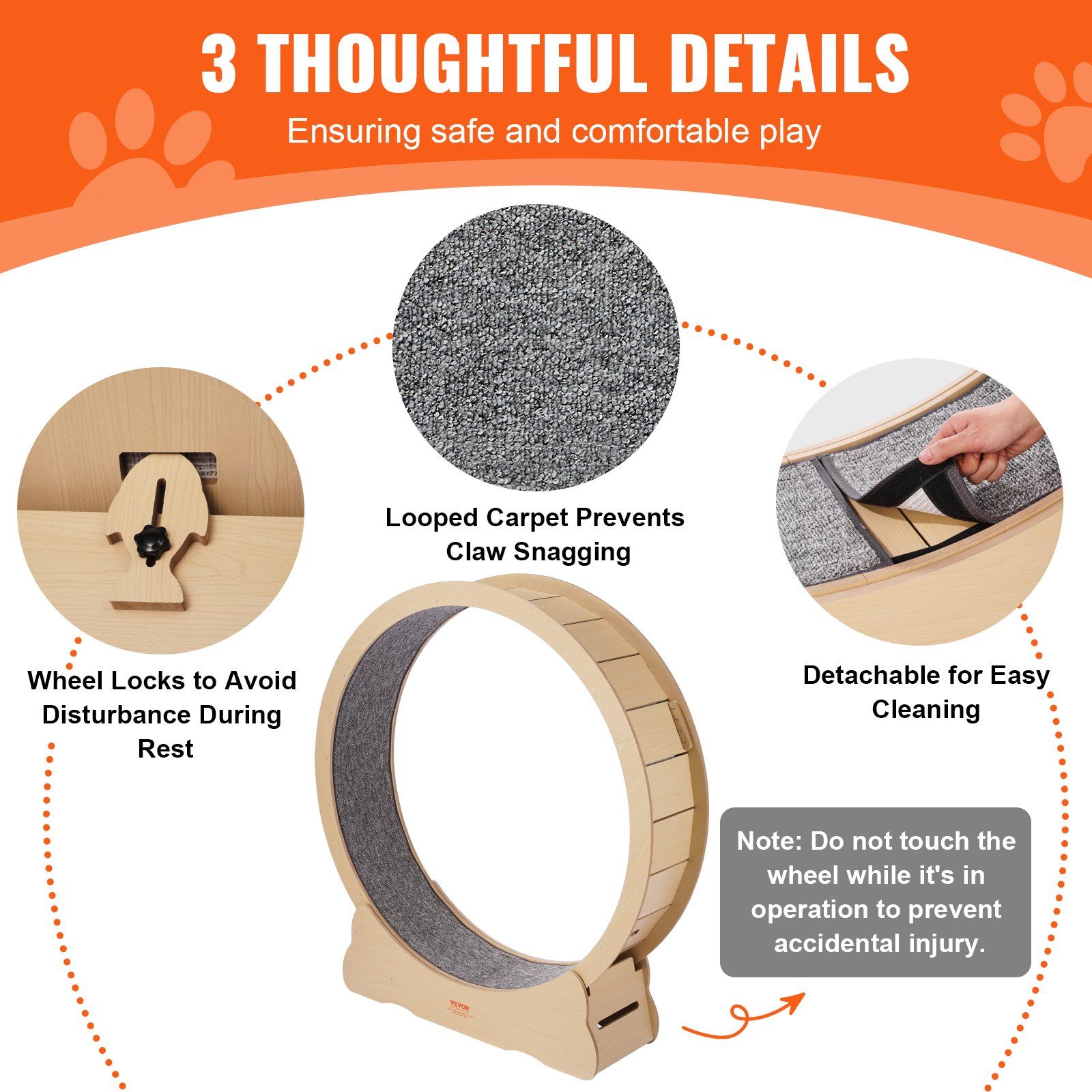 Wooden Cat Exercise Wheel, 1320mm Large Cat Treadmill Wheel for Indoor Cats, Cat Running Wheel with Detachable Carpet & Cat Teaser for Running/Walking/Training, Suitable for Most Cats - Image 6