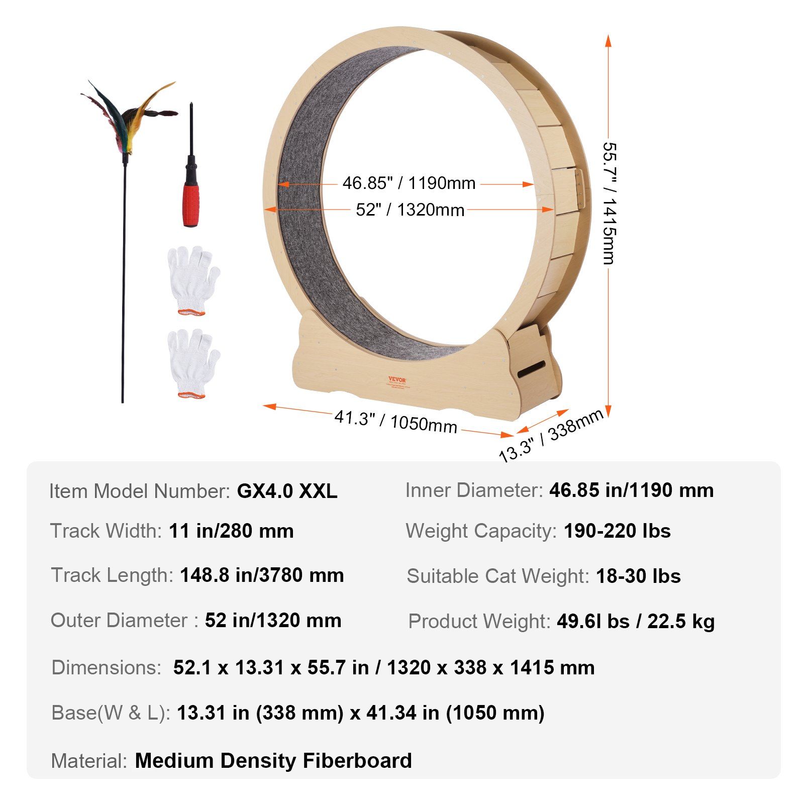 Wooden Cat Exercise Wheel, 1320mm Large Cat Treadmill Wheel for Indoor Cats, Cat Running Wheel with Detachable Carpet & Cat Teaser for Running/Walking/Training, Suitable for Most Cats - Image 7