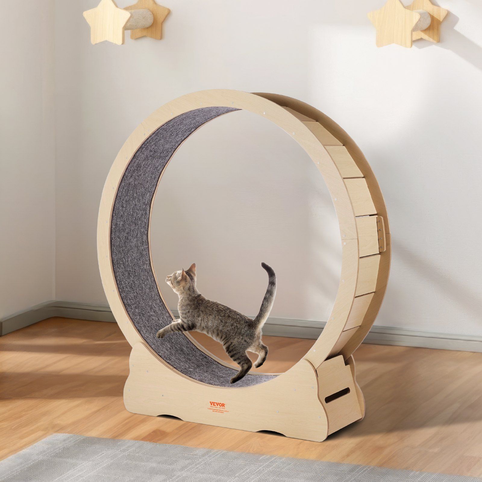 Wooden Cat Exercise Wheel, 1320mm Large Cat Treadmill Wheel for Indoor Cats, Cat Running Wheel with Detachable Carpet & Cat Teaser for Running/Walking/Training, Suitable for Most Cats - Image 8