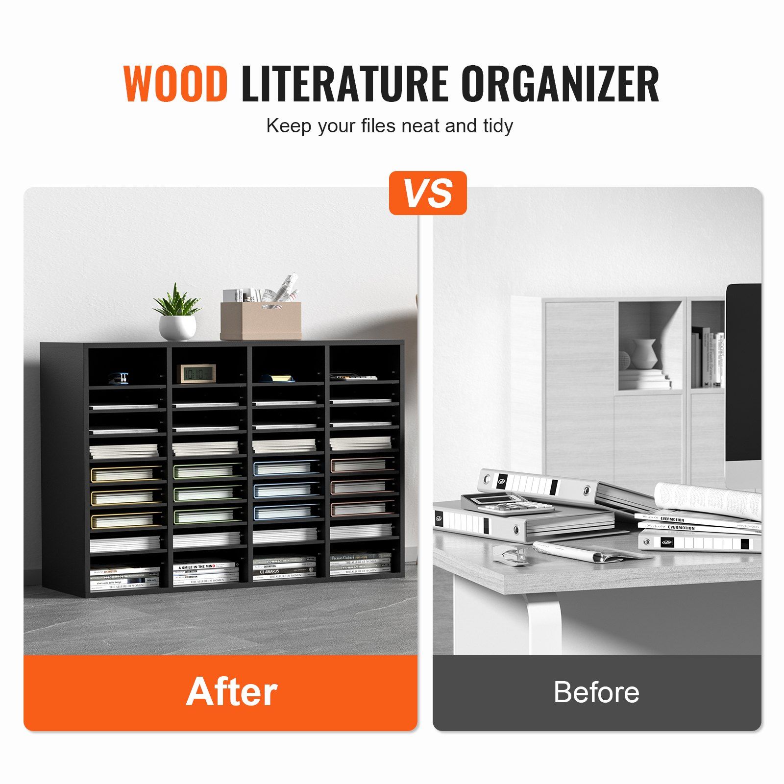 Wood Literature Organizer, 36 Compartments, File Sorter with Removable Shelves, Mailboxes Slot for Office Home Classroom Mailrooms Organization, EPA Certified, Black - Image 2
