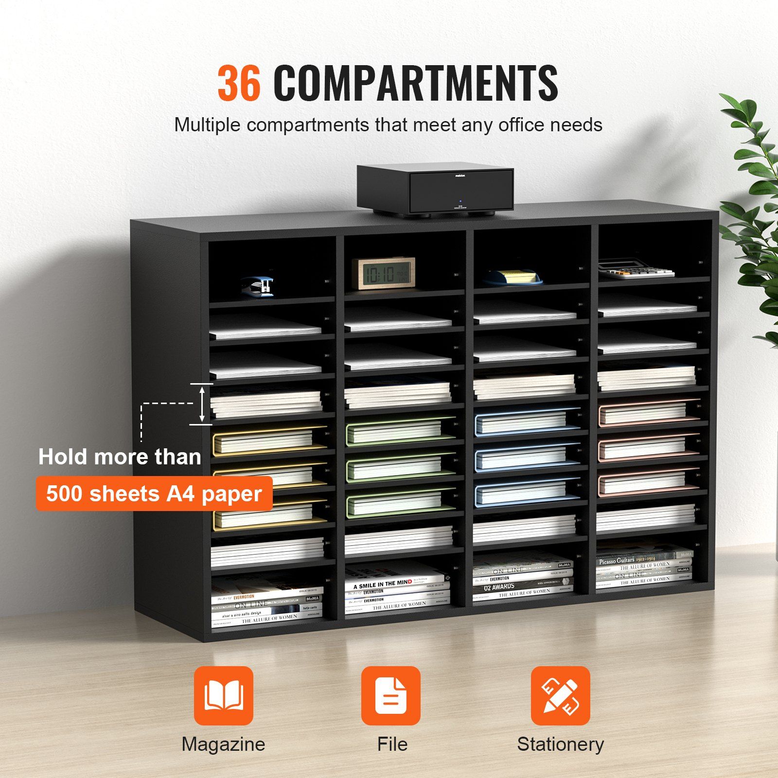 Wood Literature Organizer, 36 Compartments, File Sorter with Removable Shelves, Mailboxes Slot for Office Home Classroom Mailrooms Organization, EPA Certified, Black - Image 4