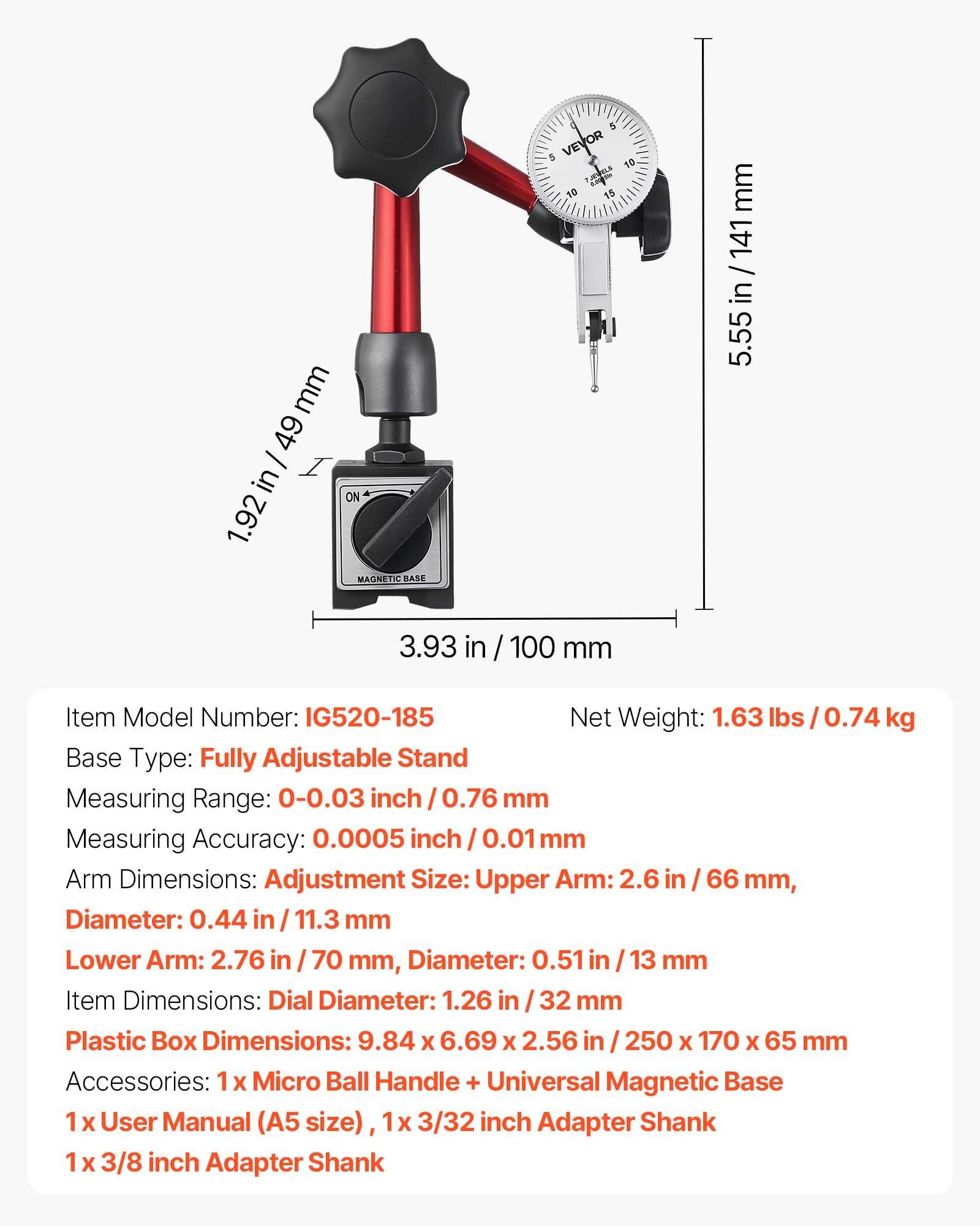 Dial Test Indicator with Universal Magnetic Base and Storage Case, 0.01 mm Accuracy, 0-0.76 mm Range, Micro Ball Handle for Narrow Area Measurement, Industrial Machining & Inspection - Image 7