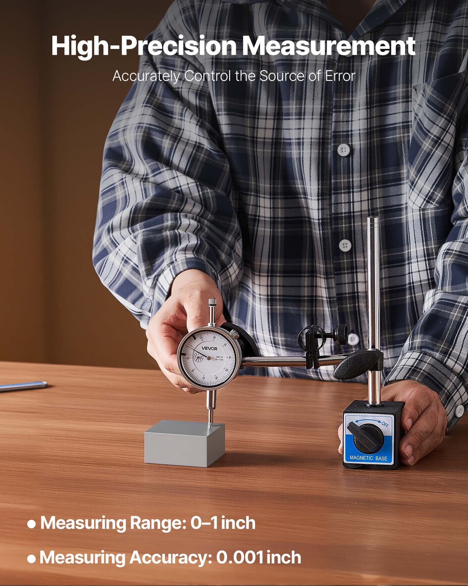 Dial Test Indicator with Dual Rod Stand and Storage Case, 0.03 mm Accuracy, 0-25.4mm Range, Fine Adjustable Long Arm, Non-Magnetic Centering Rods for Machine Set-Up, Narrow Area Measurement - Image 2