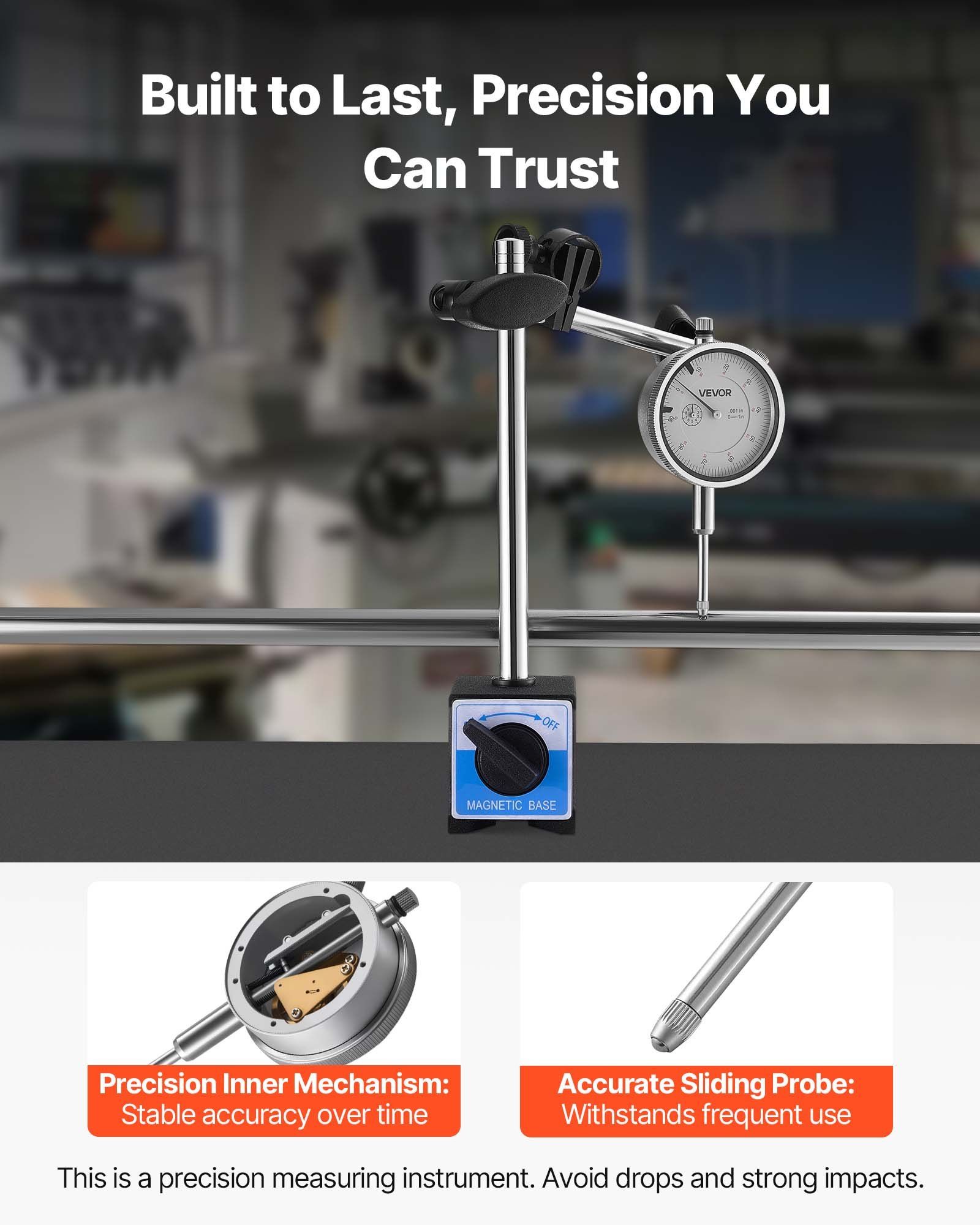 Dial Test Indicator with Dual Rod Stand and Storage Case, 0.03 mm Accuracy, 0-25.4mm Range, Fine Adjustable Long Arm, Non-Magnetic Centering Rods for Machine Set-Up, Narrow Area Measurement - Image 3