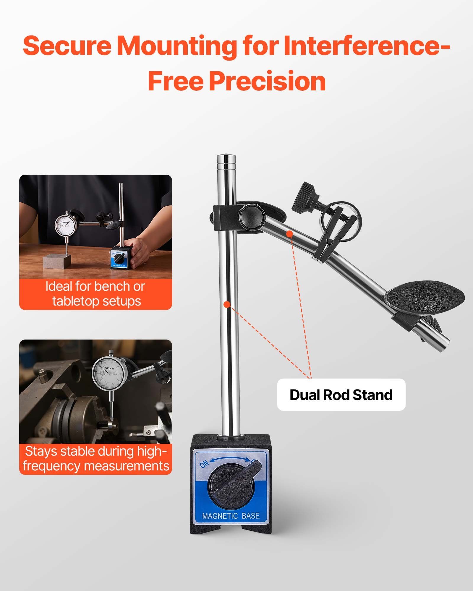 Dial Test Indicator with Dual Rod Stand and Storage Case, 0.03 mm Accuracy, 0-25.4mm Range, Fine Adjustable Long Arm, Non-Magnetic Centering Rods for Machine Set-Up, Narrow Area Measurement - Image 4
