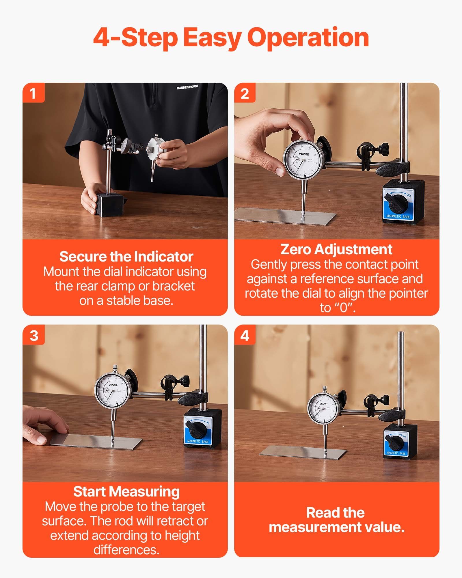 Dial Test Indicator with Dual Rod Stand and Storage Case, 0.03 mm Accuracy, 0-25.4mm Range, Fine Adjustable Long Arm, Non-Magnetic Centering Rods for Machine Set-Up, Narrow Area Measurement - Image 6