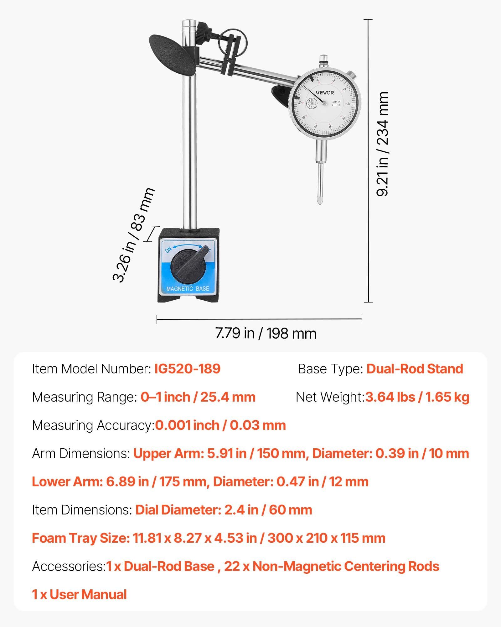 Dial Test Indicator with Dual Rod Stand and Storage Case, 0.03 mm Accuracy, 0-25.4mm Range, Fine Adjustable Long Arm, Non-Magnetic Centering Rods for Machine Set-Up, Narrow Area Measurement - Image 7