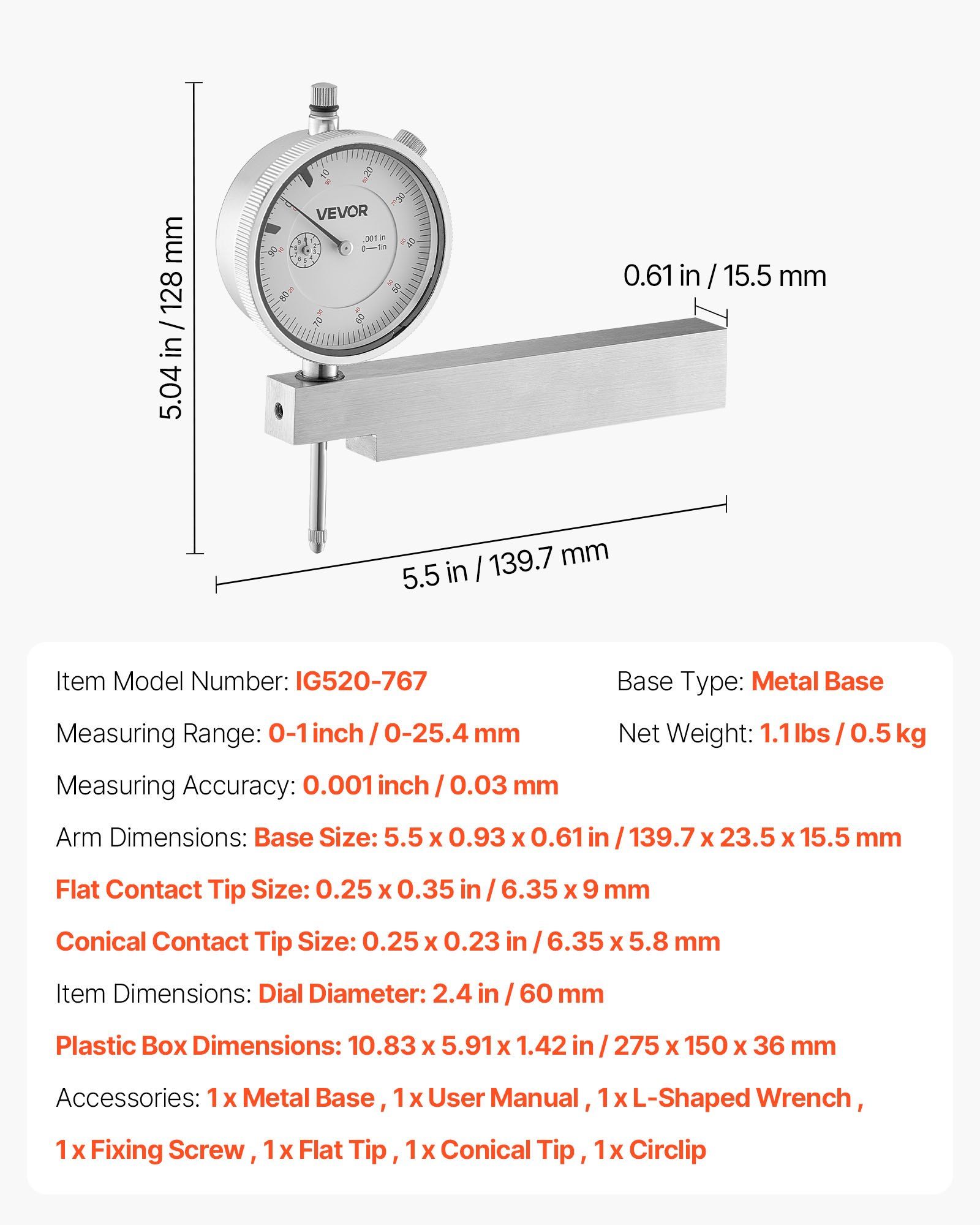 Dial Test Indicator with Metal Base, 0.03 mm Accuracy, 0-25.4mm Range, Easy to Read Large Dial, Professional for Narrow Area Measurement, Industrial Machining & Inspection, Precision Testing - Image 7