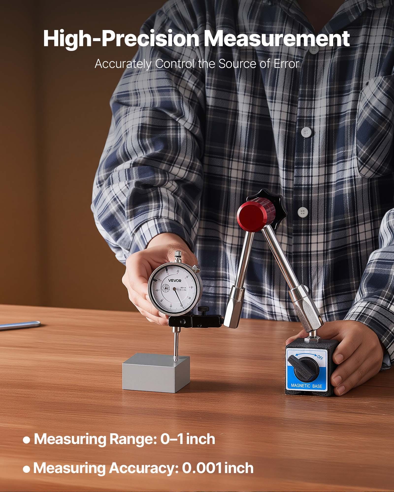 Dial Test Indicator with Magnetic Flexible Base Stand, 0.03 mm Accuracy, 0-25.4mm Range, Fine Adjustable Long Arm, Professional for Machine Set-Up, Narrow Area Measurement, Easy to Read - Image 2