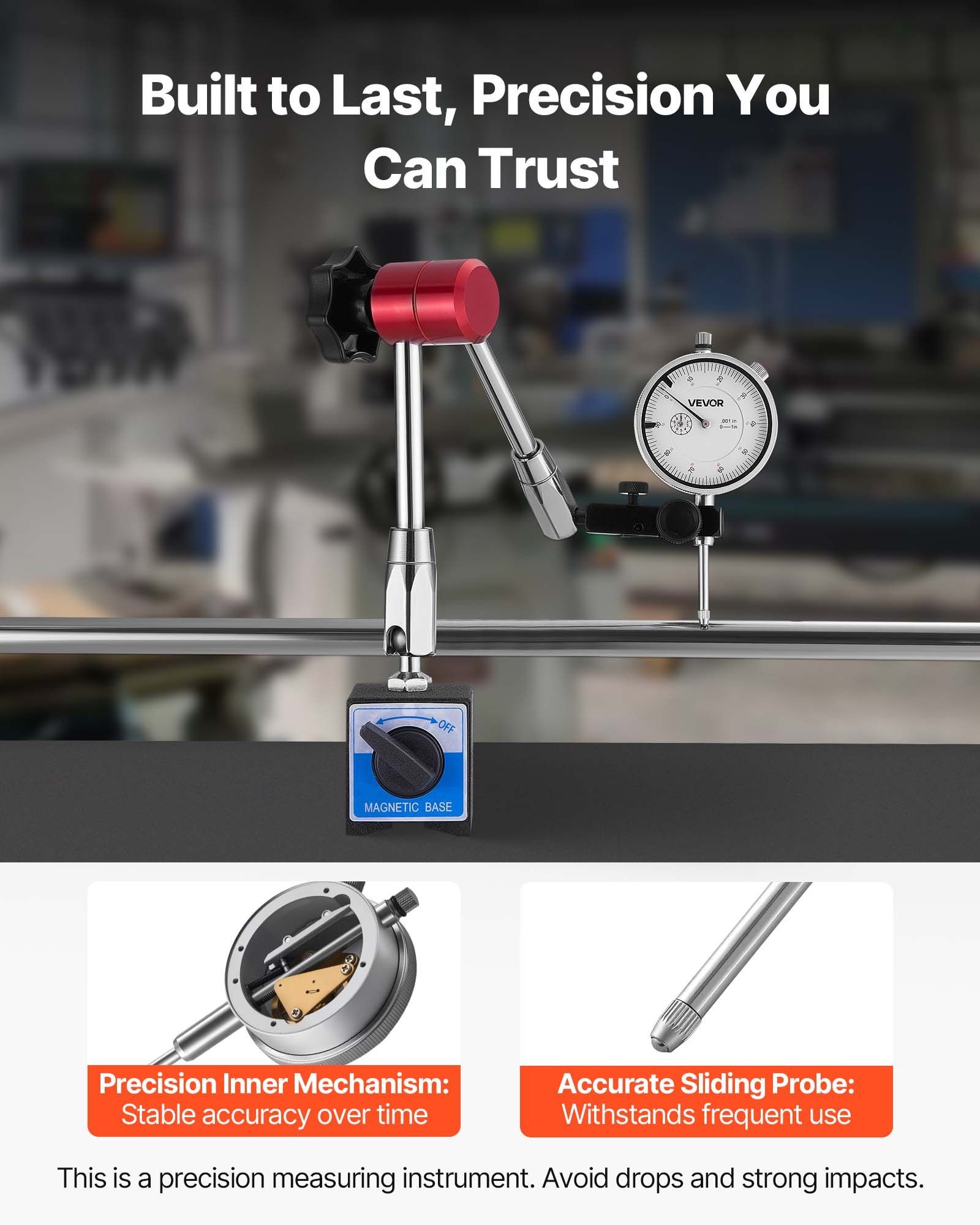 Dial Test Indicator with Magnetic Flexible Base Stand, 0.03 mm Accuracy, 0-25.4mm Range, Fine Adjustable Long Arm, Professional for Machine Set-Up, Narrow Area Measurement, Easy to Read - Image 3