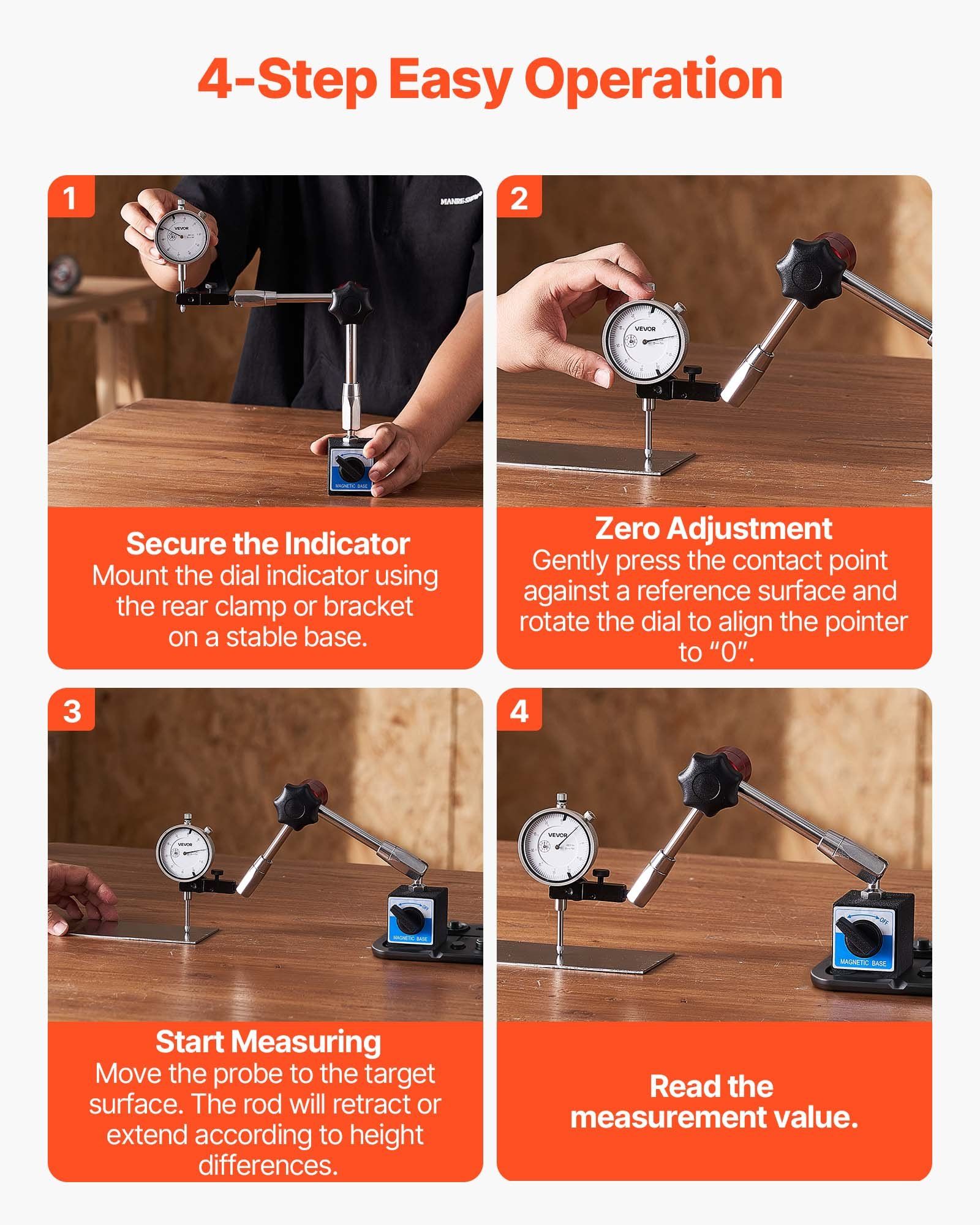 Dial Test Indicator with Magnetic Flexible Base Stand, 0.03 mm Accuracy, 0-25.4mm Range, Fine Adjustable Long Arm, Professional for Machine Set-Up, Narrow Area Measurement, Easy to Read - Image 6