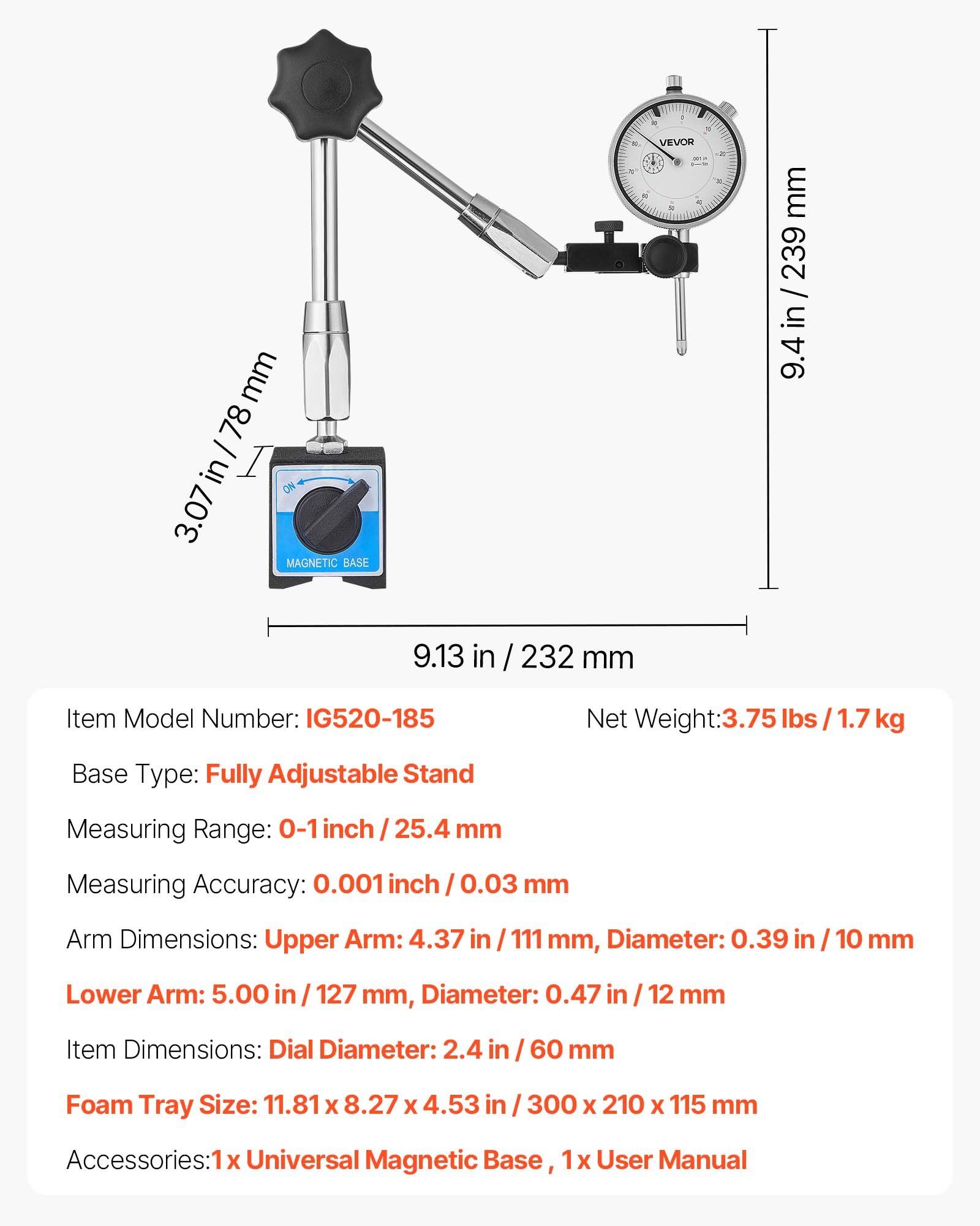 Dial Test Indicator with Magnetic Flexible Base Stand, 0.03 mm Accuracy, 0-25.4mm Range, Fine Adjustable Long Arm, Professional for Machine Set-Up, Narrow Area Measurement, Easy to Read - Image 7