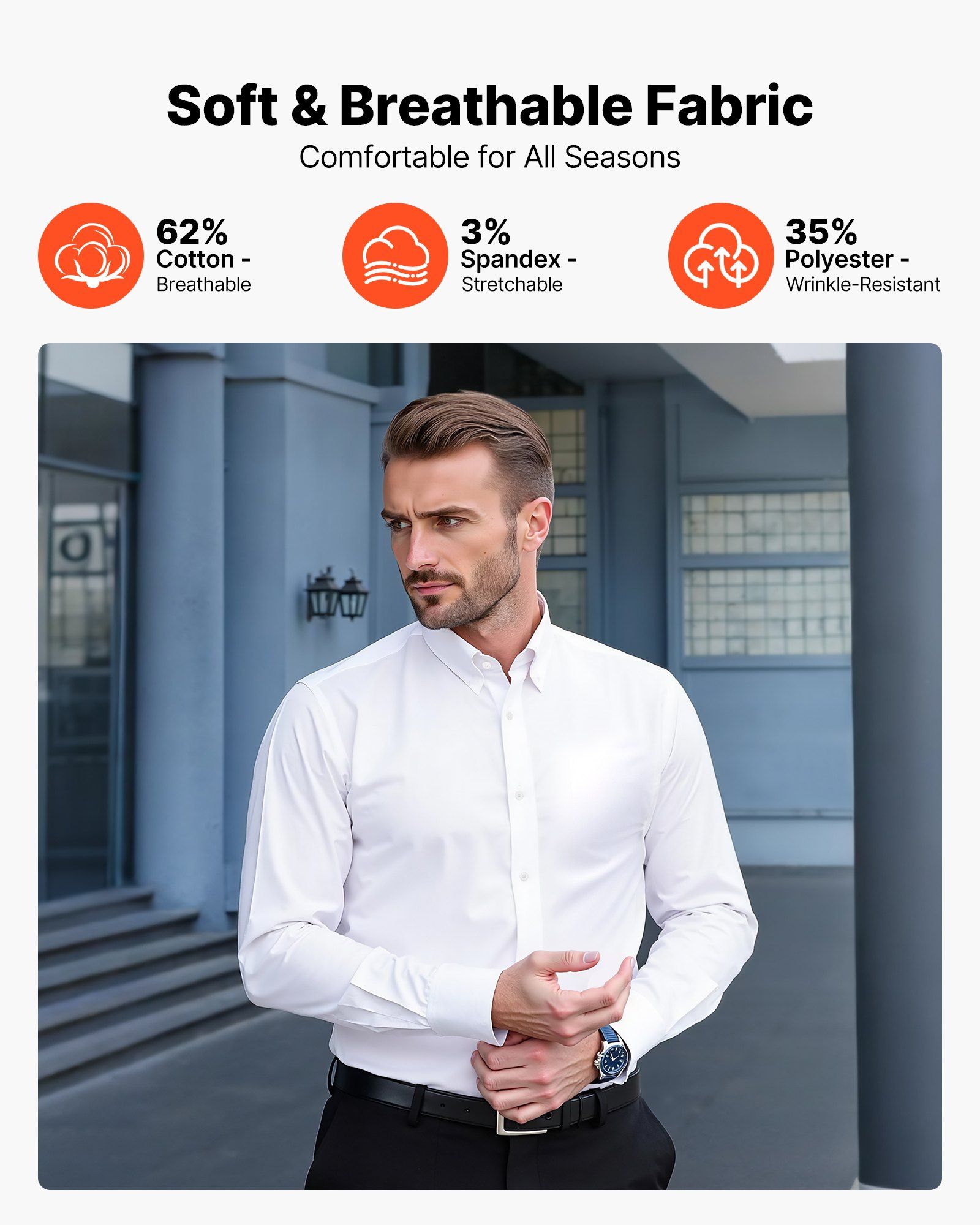 Men's Button Up Shirt, Mens Long Sleeve Wrinkle-free Button Down Dress Shirts, Slim Fit Soft Stretch Fabric for Business Casual or Formal, Work, Wedding, Dinner, White - Image 2